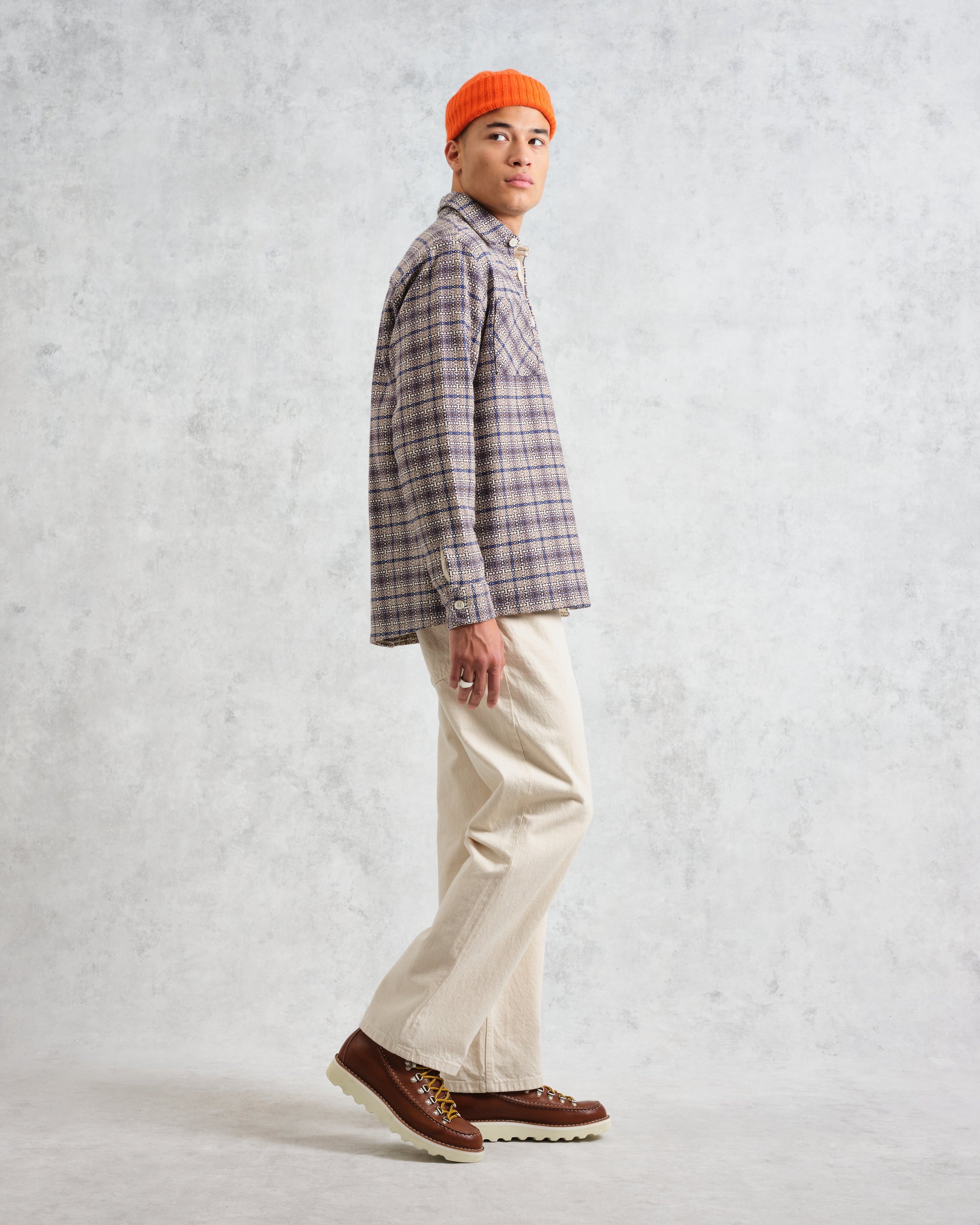 wax london men's Whiting - Ecru And Blue Basket Check Overshirt