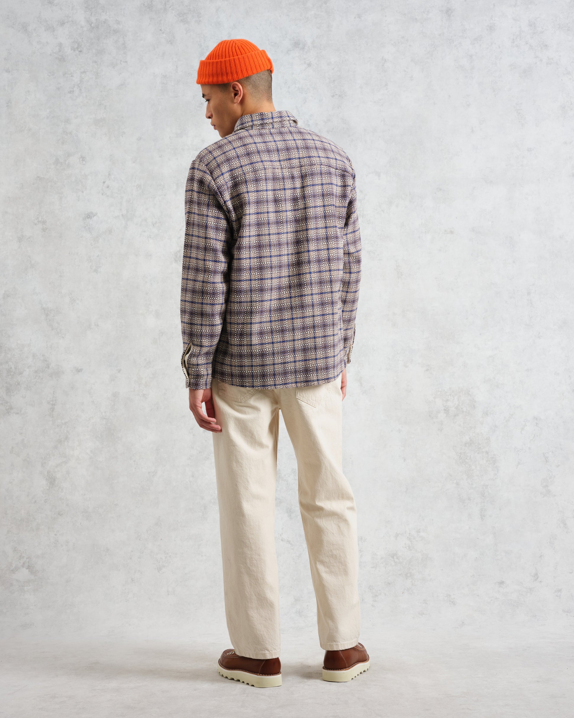 wax london men's Whiting - Ecru And Blue Basket Check Overshirt