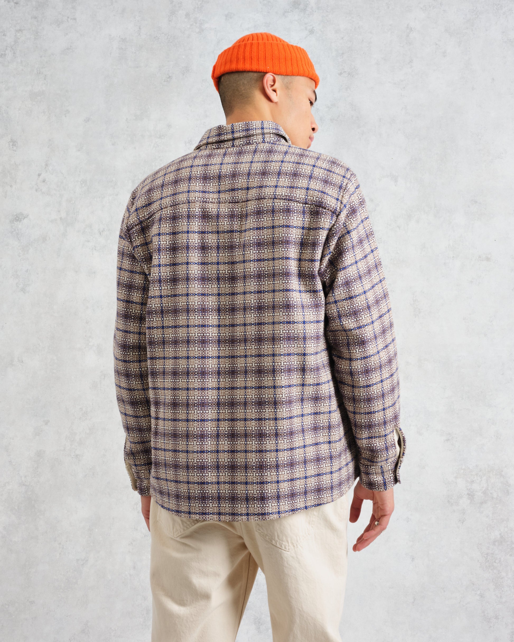 wax london men's Whiting - Ecru And Blue Basket Check Overshirt