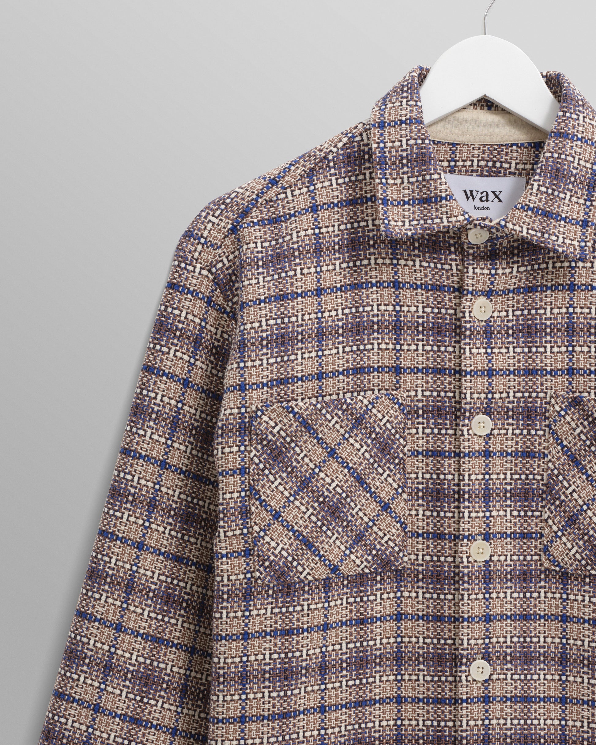 wax london men's Whiting - Ecru And Blue Basket Check Overshirt