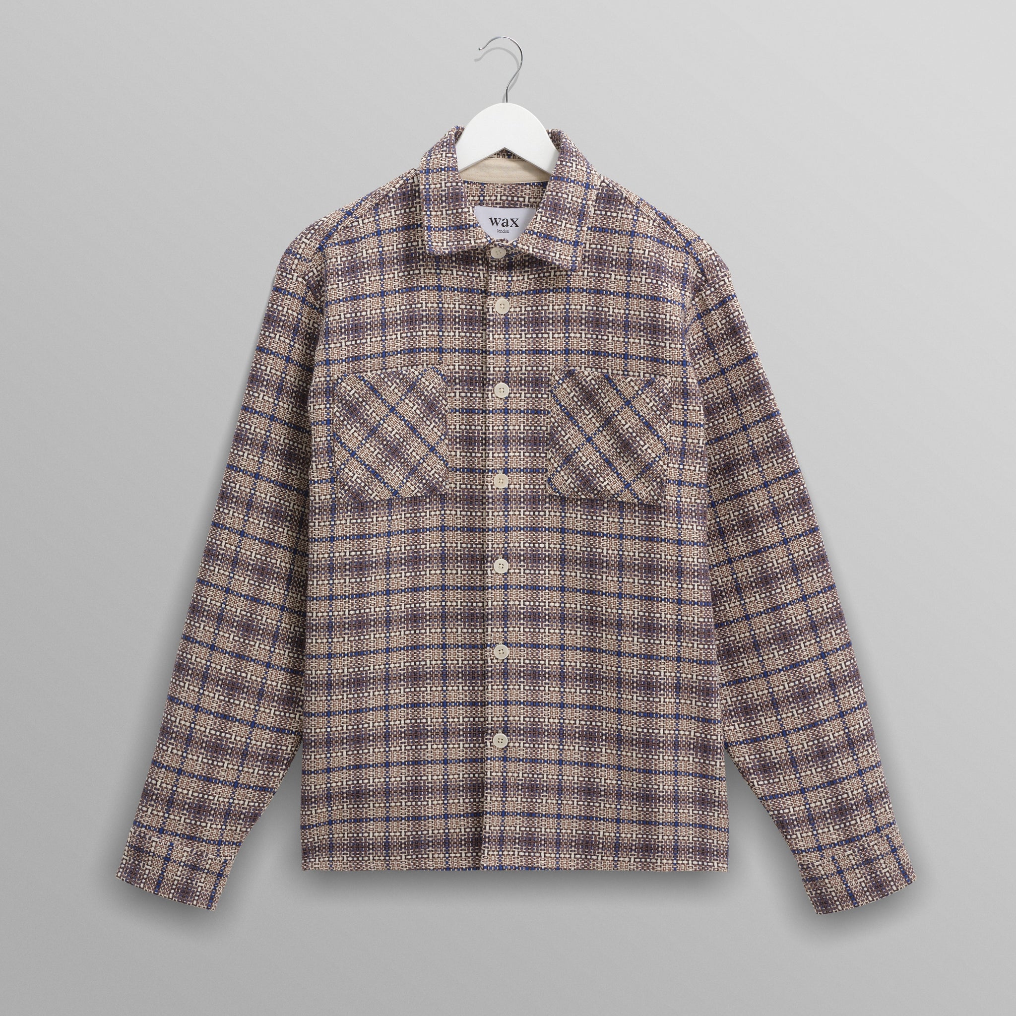 wax london men's Whiting - Ecru And Blue Basket Check Overshirt