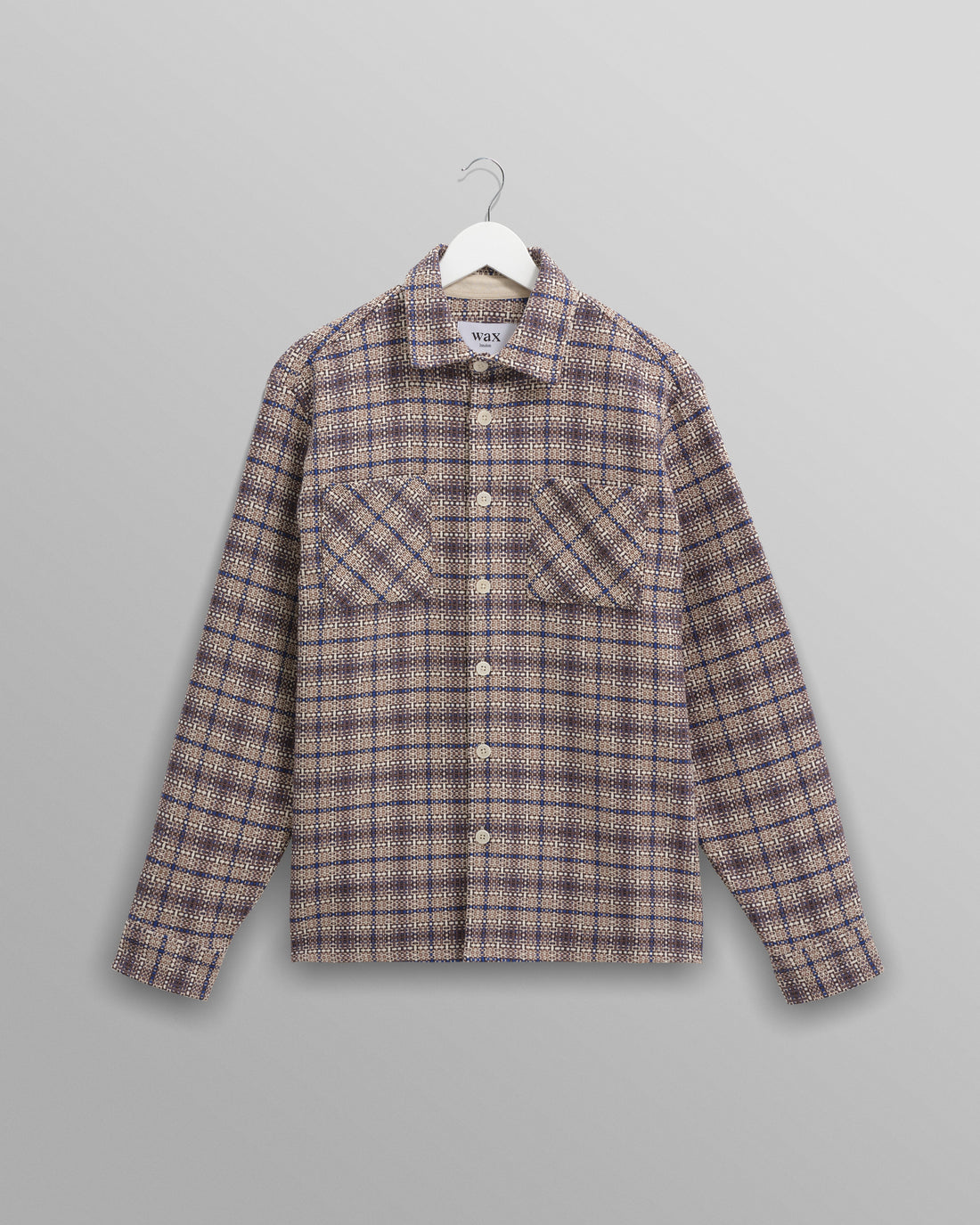 wax london men's Whiting - Ecru And Blue Basket Check Overshirt