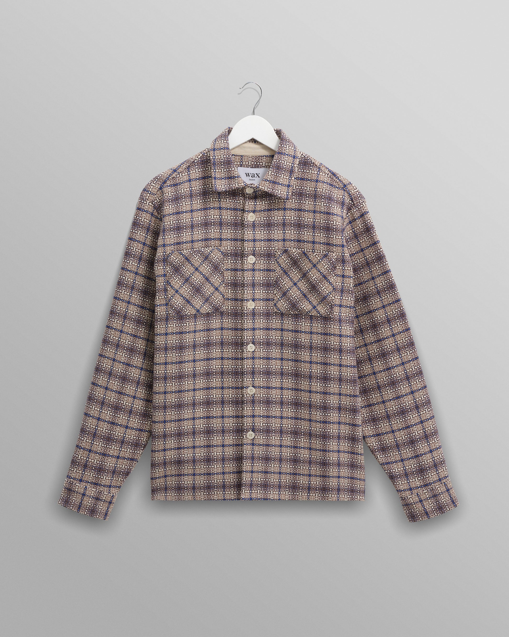wax london men's Whiting - Ecru And Blue Basket Check Overshirt