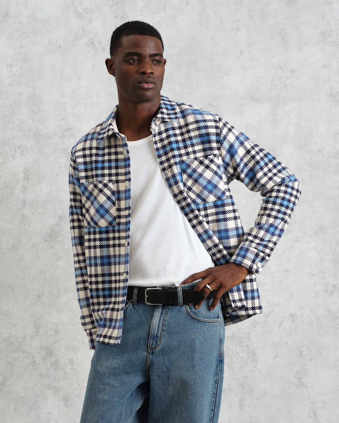wax london men's Whiting - Ecru And Blue Strand Check Overshirt