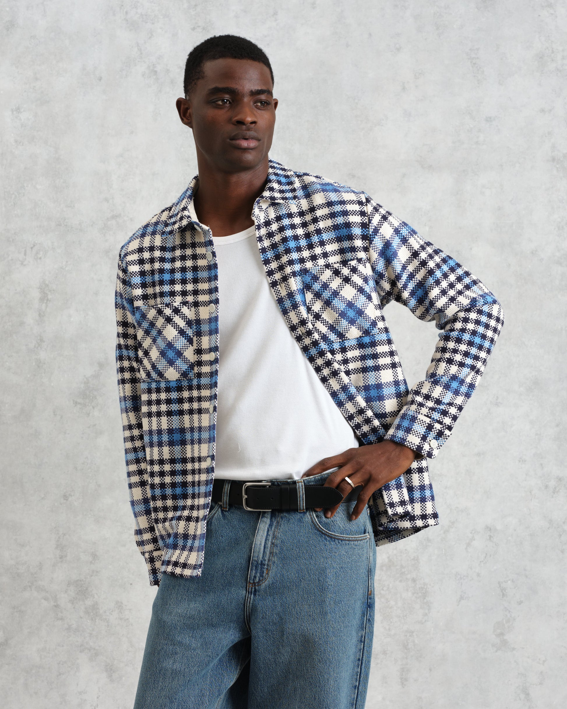 wax london men's Whiting - Ecru And Blue Strand Check Overshirt