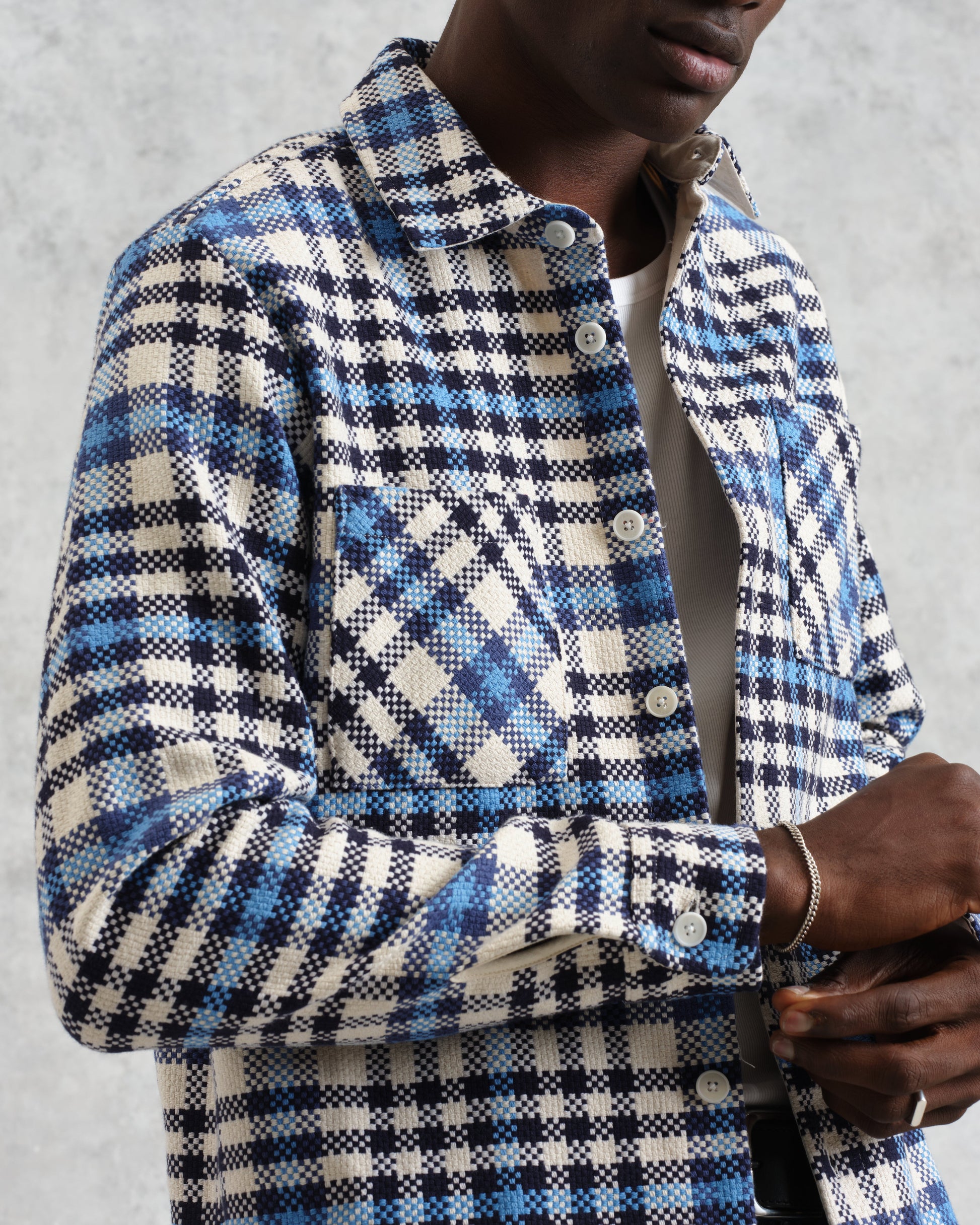 wax london men's Whiting - Ecru And Blue Strand Check Overshirt