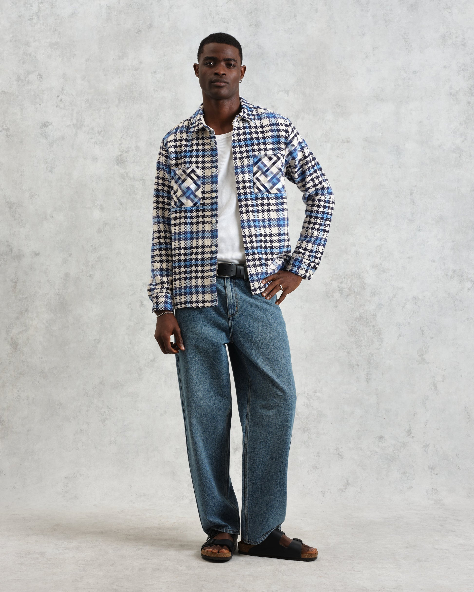 wax london men's Whiting - Ecru And Blue Strand Check Overshirt