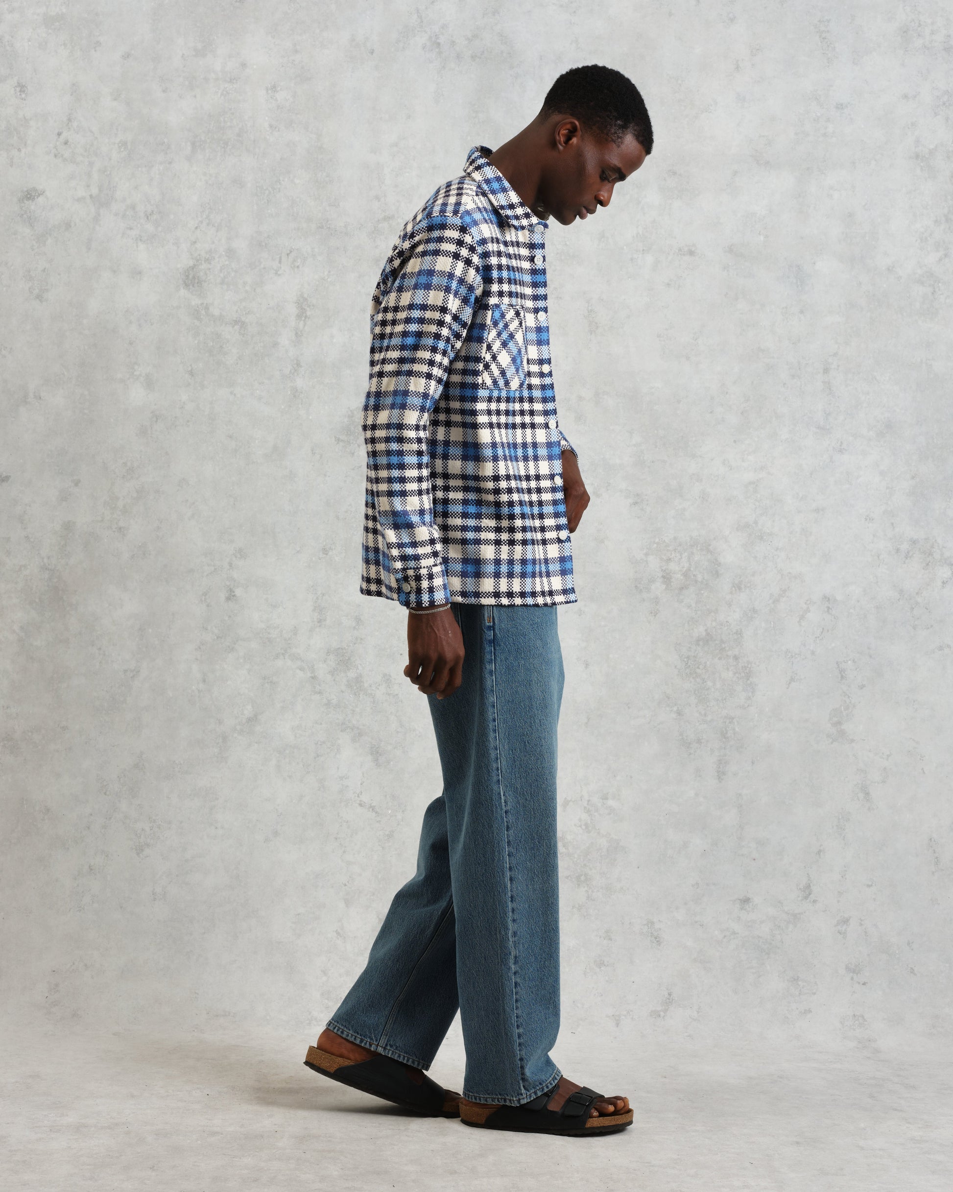 wax london men's Whiting - Ecru And Blue Strand Check Overshirt