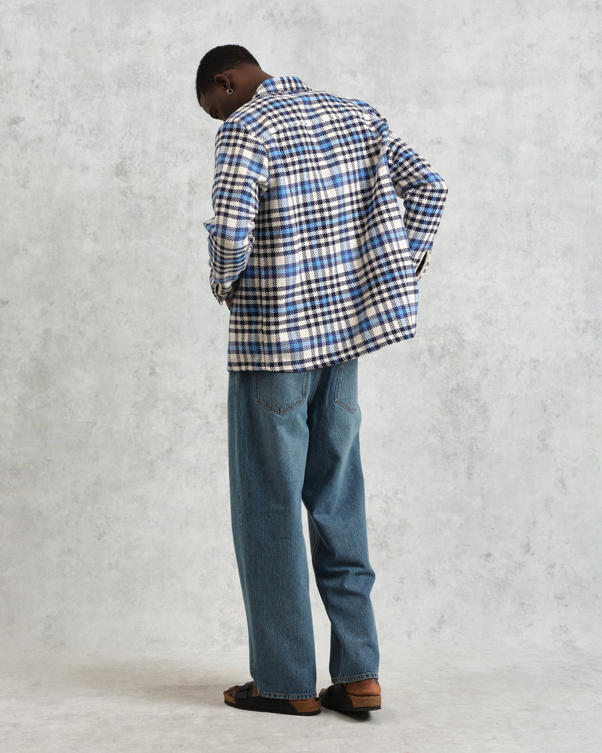 wax london men's Whiting - Ecru And Blue Strand Check Overshirt