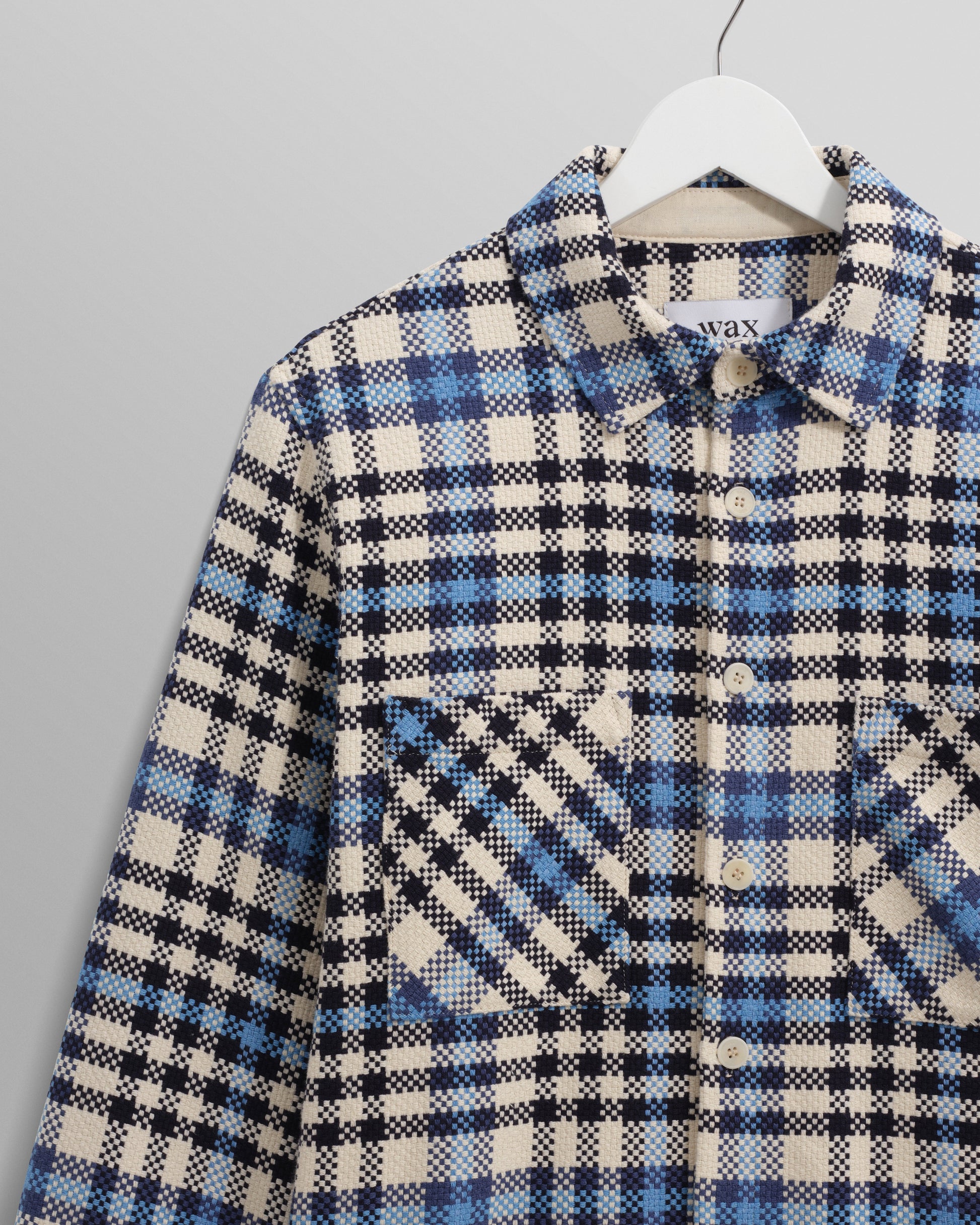wax london men's Whiting - Ecru And Blue Strand Check Overshirt