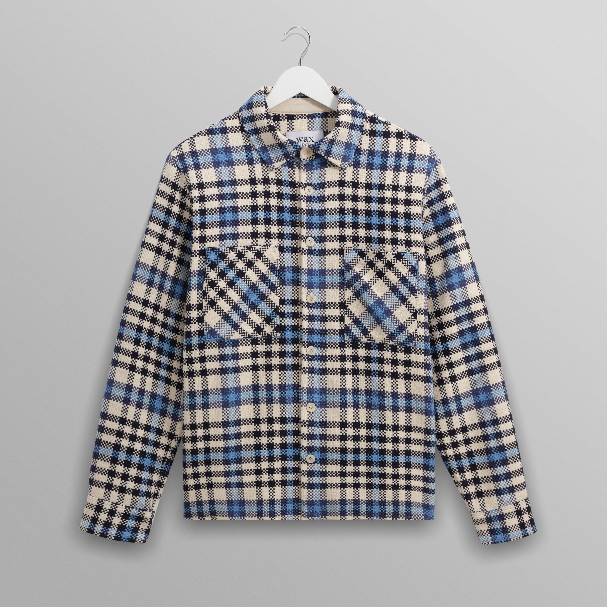 wax london men's Whiting - Ecru And Blue Strand Check Overshirt