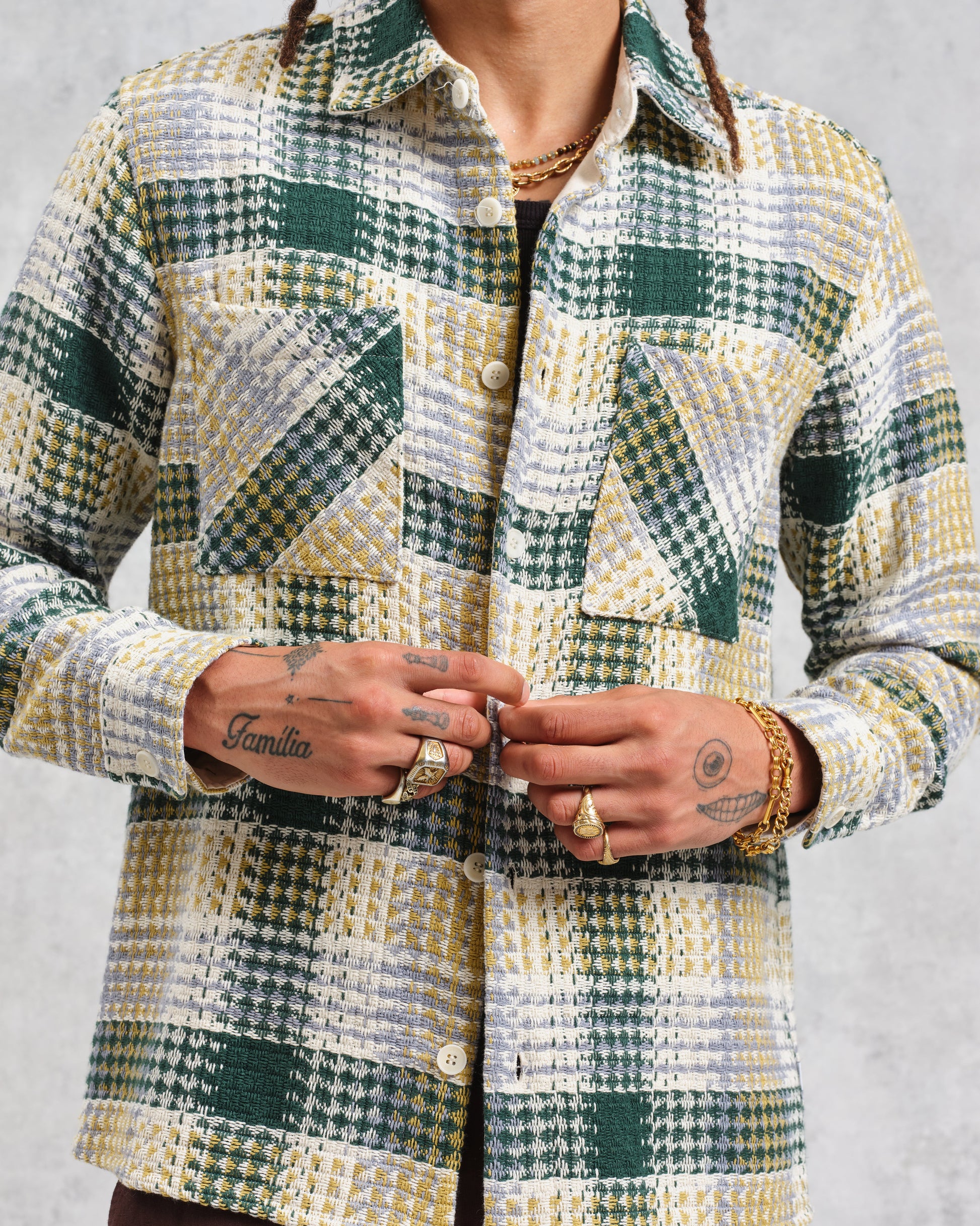 wax london men's Whiting - Ecru And Green Addle Check Overshirt