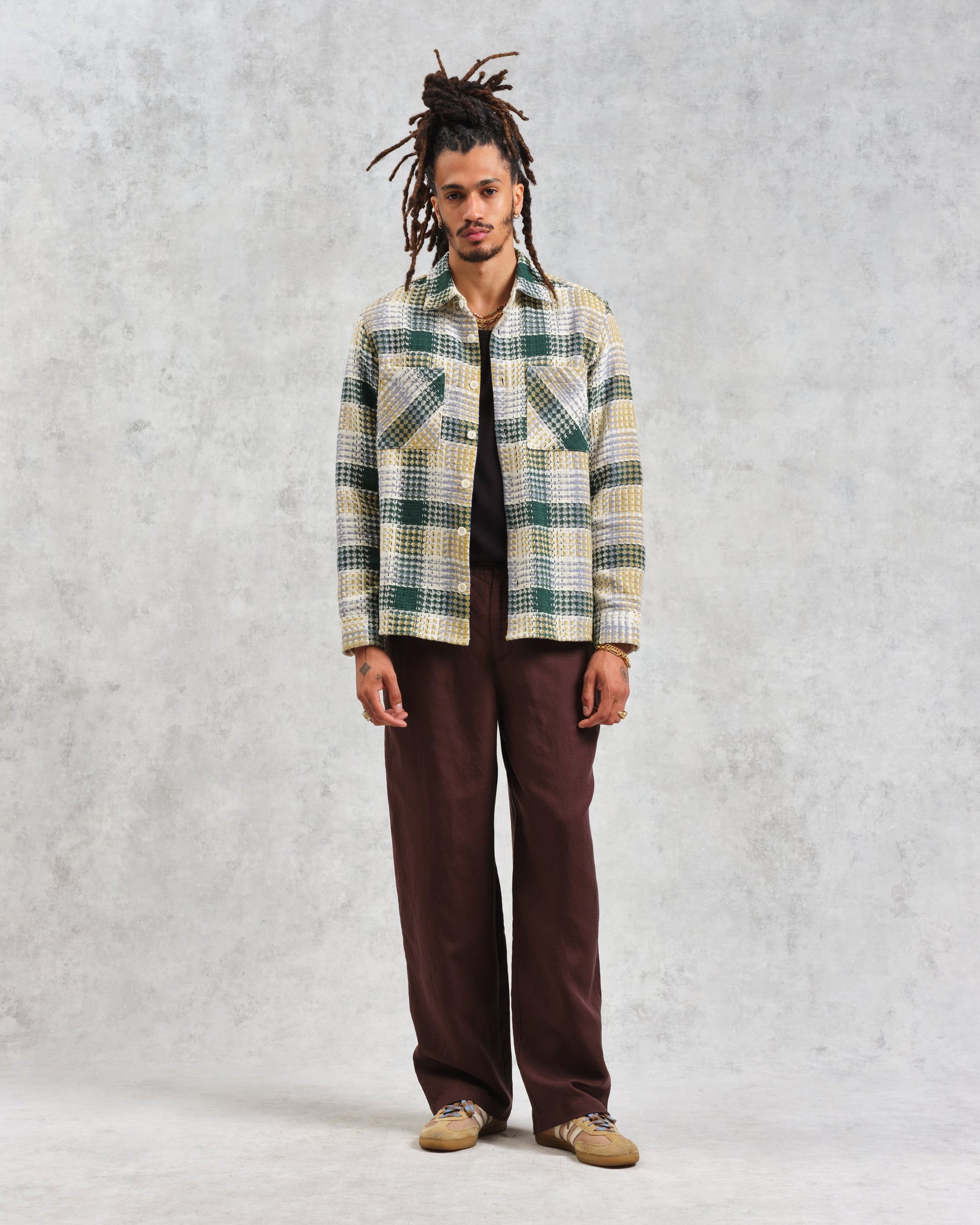 wax london men's Whiting - Ecru And Green Addle Check Overshirt