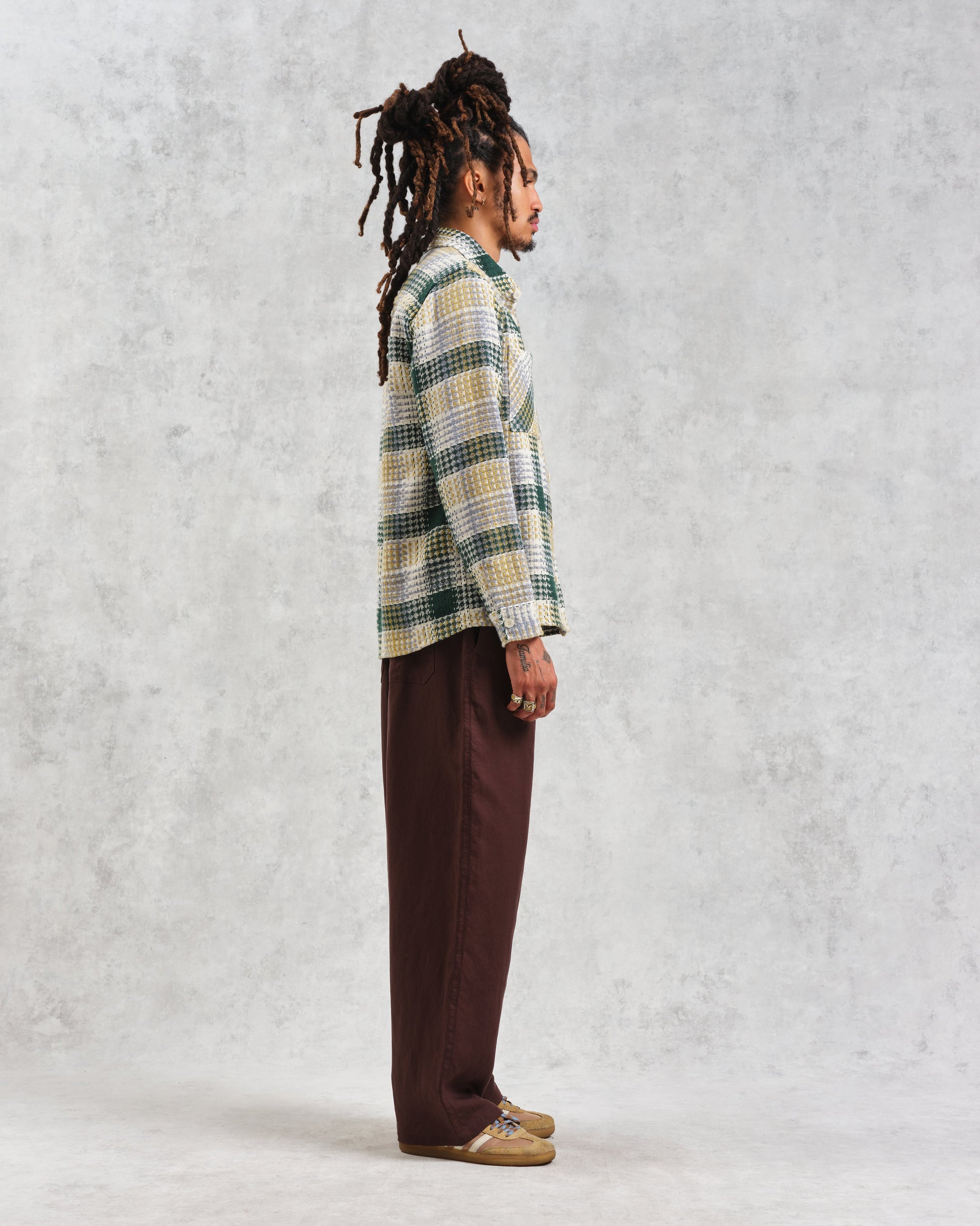 wax london men's Whiting - Ecru And Green Addle Check Overshirt
