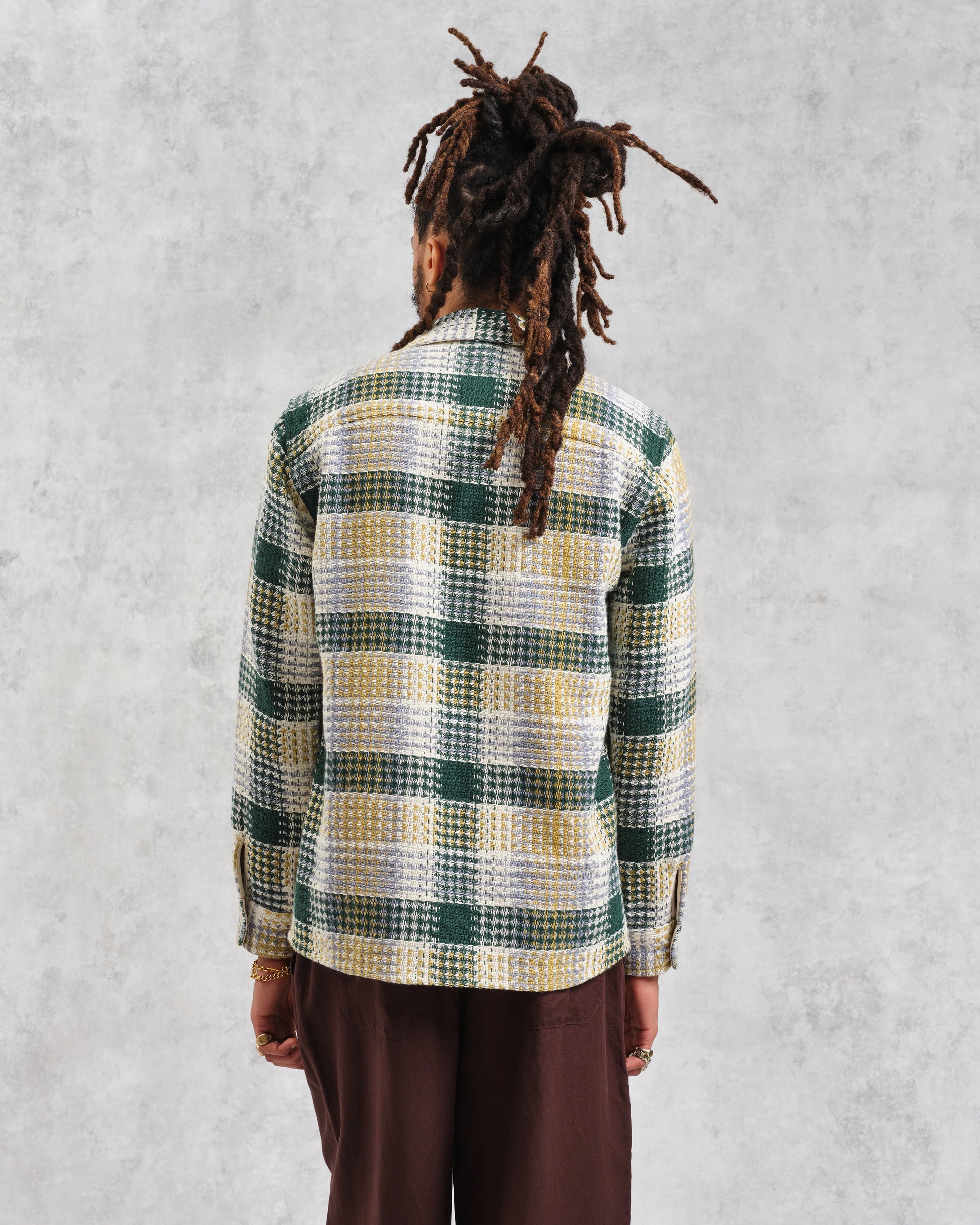 wax london men's Whiting - Ecru And Green Addle Check Overshirt