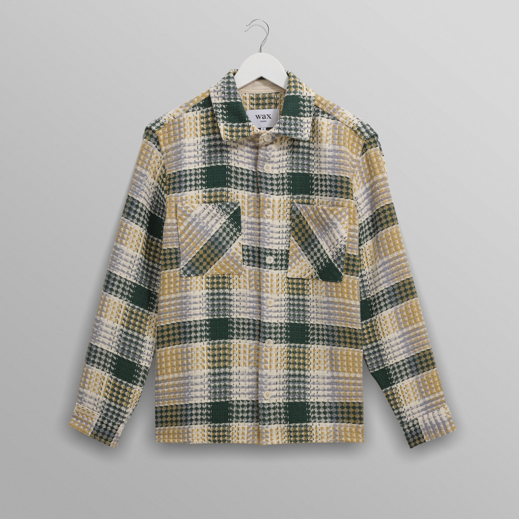 wax london men's Whiting - Ecru And Green Addle Check Overshirt