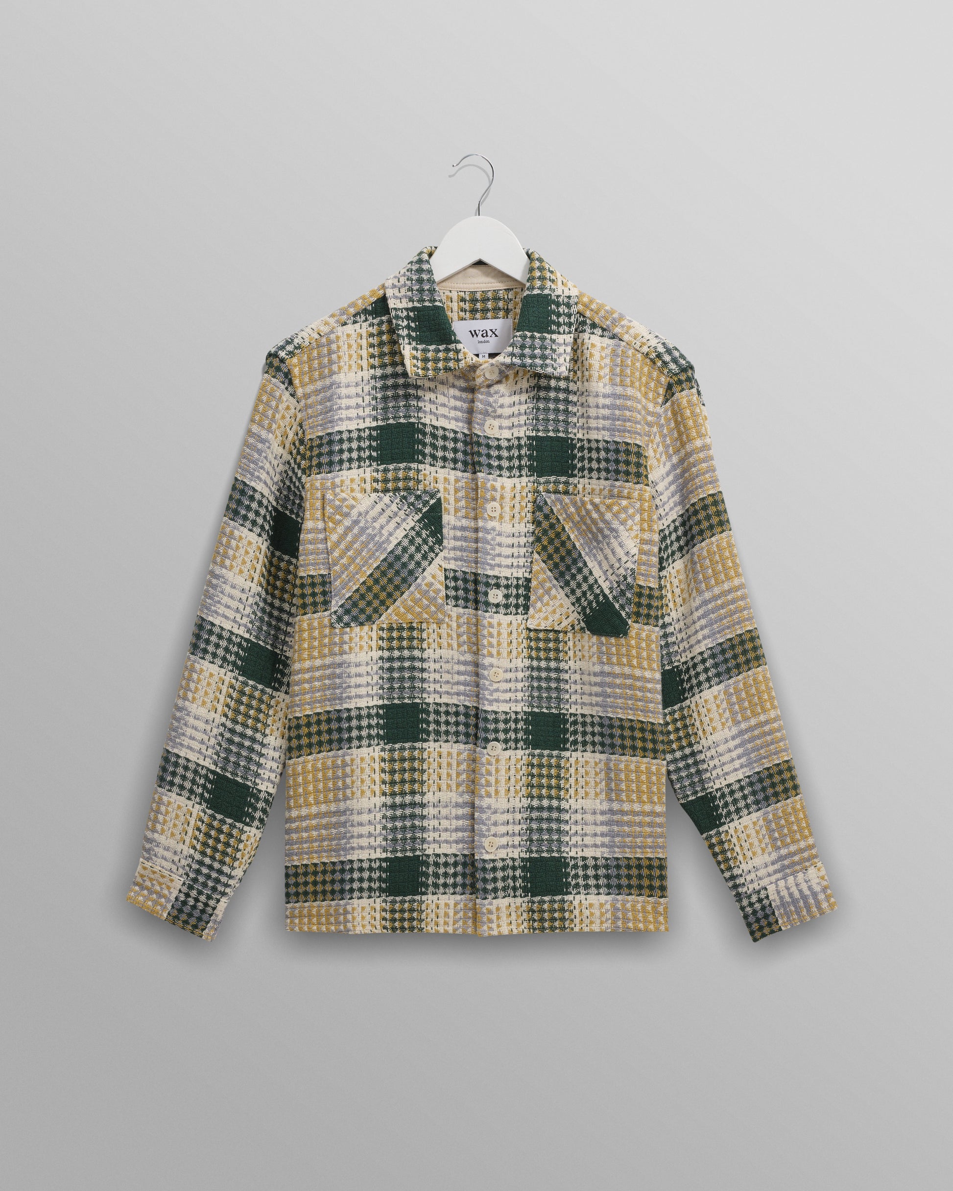 wax london men's Whiting - Ecru And Green Addle Check Overshirt