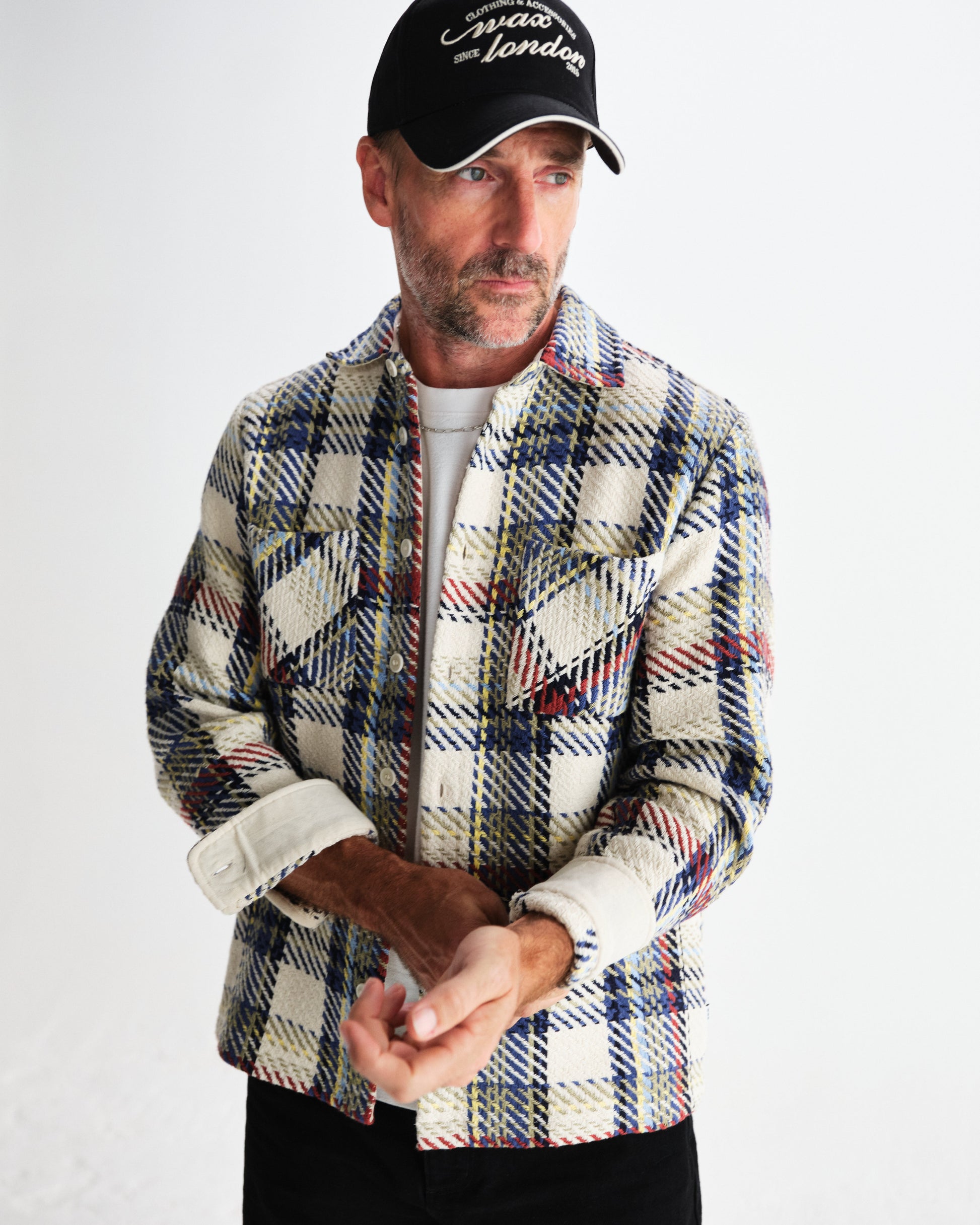 wax london men's Whiting - Ecru And Multicolour Jazz Weave Overshirt