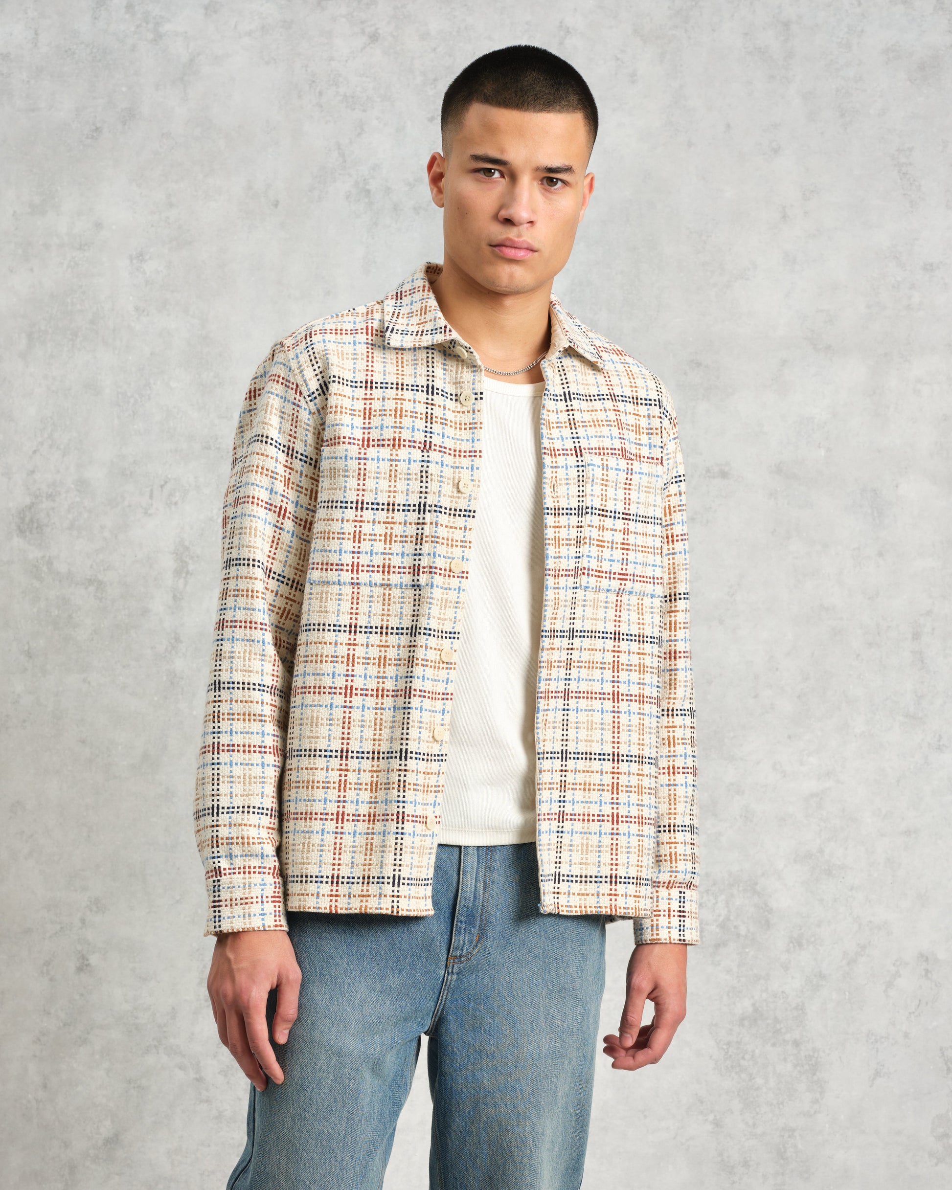 wax london men's Whiting - Ecru And Multicolour Yard Check Overshirt