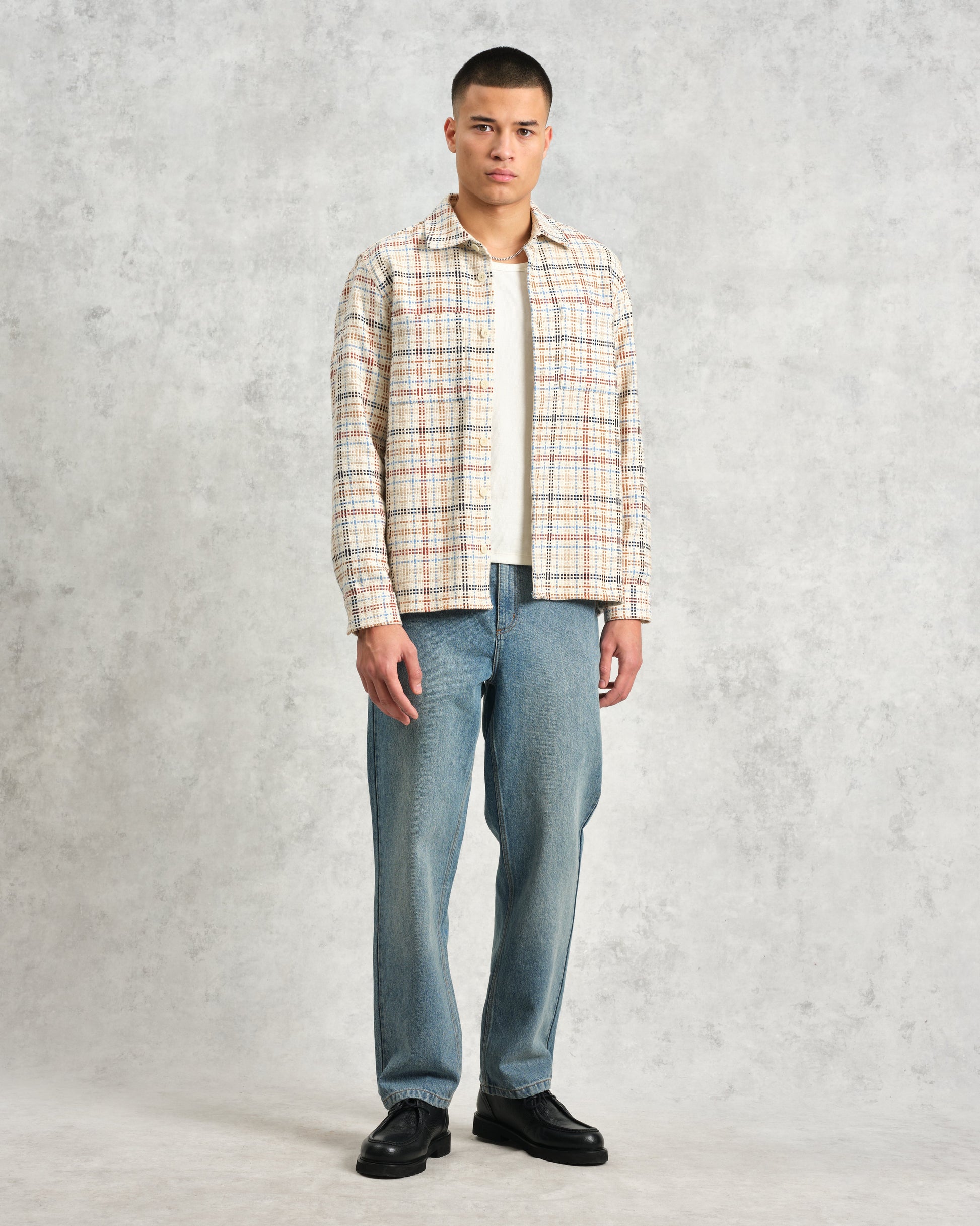 wax london men's Whiting - Ecru And Multicolour Yard Check Overshirt