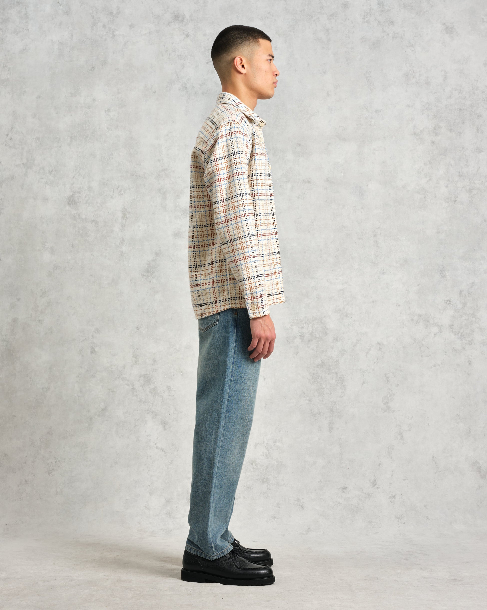 wax london men's Whiting - Ecru And Multicolour Yard Check Overshirt