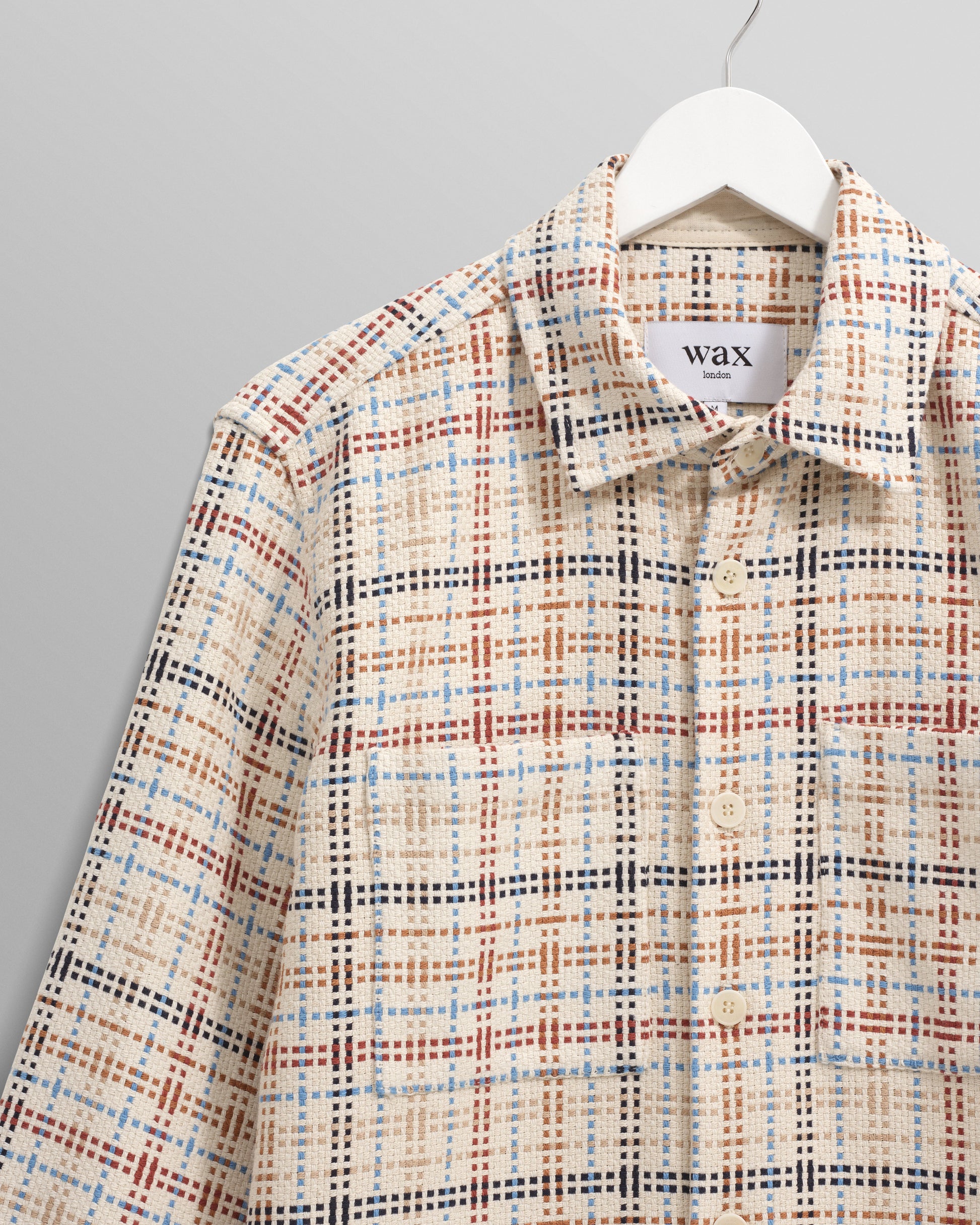wax london men's Whiting - Ecru And Multicolour Yard Check Overshirt