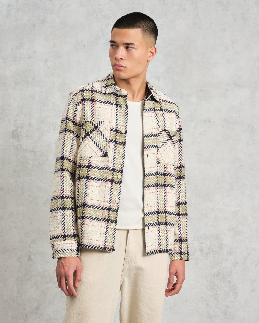 wax london men's Whiting - Ecru And Sage Harp Check Overshirt