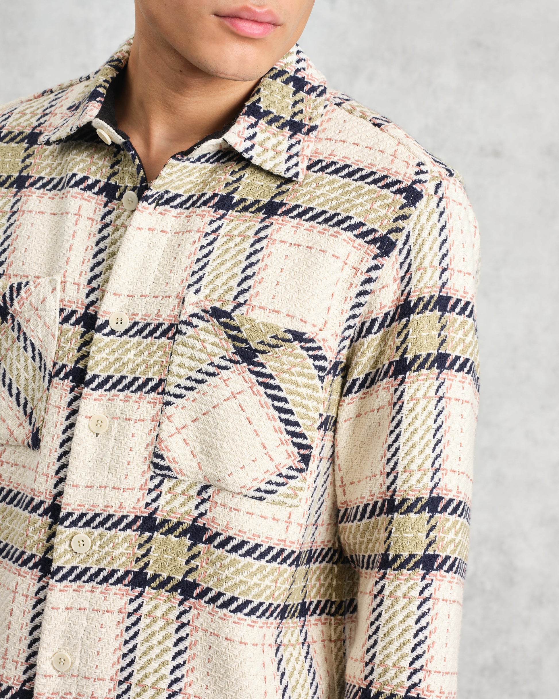 wax london men's Whiting - Ecru And Sage Harp Check Overshirt