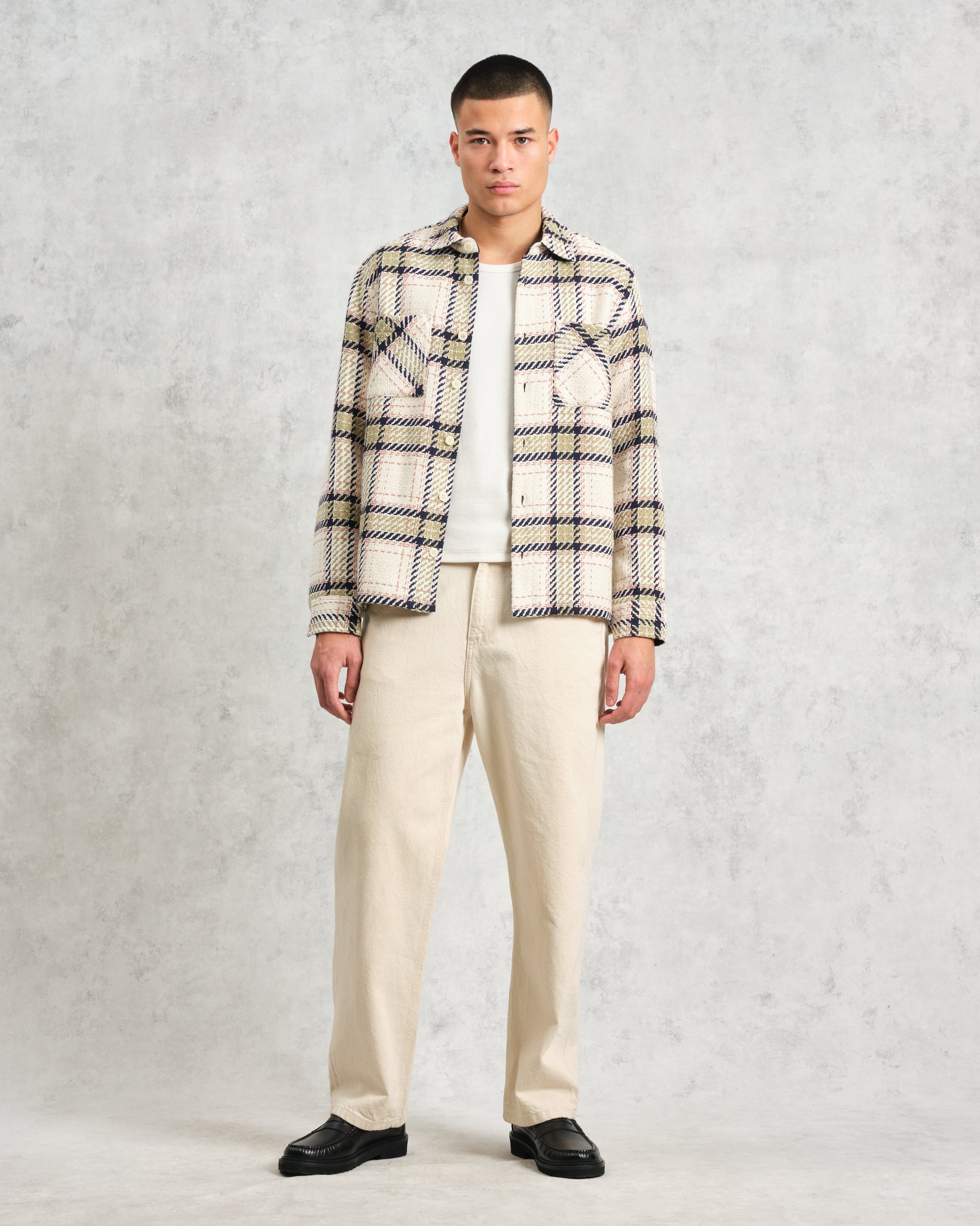 wax london men's Whiting - Ecru And Sage Harp Check Overshirt
