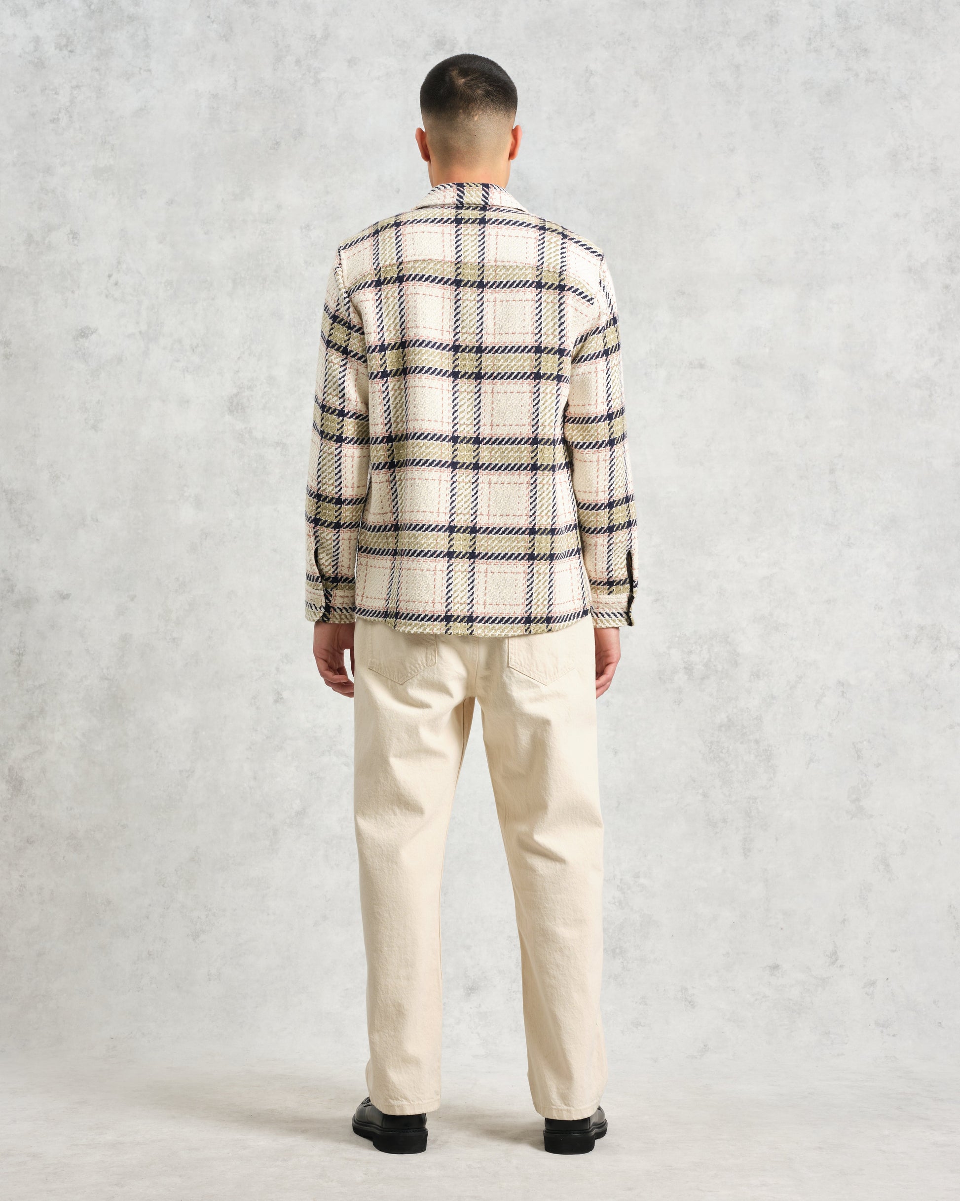 wax london men's Whiting - Ecru And Sage Harp Check Overshirt