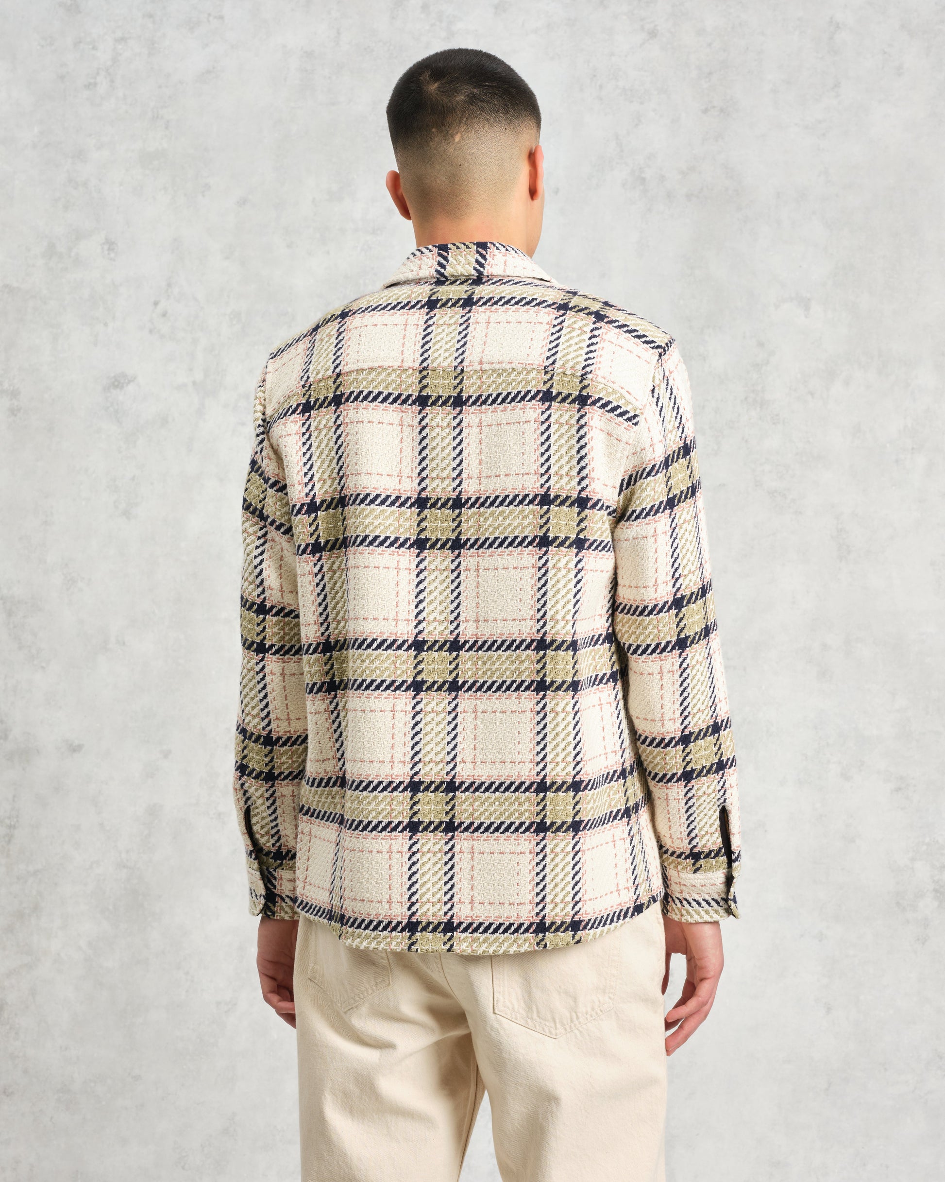 wax london men's Whiting - Ecru And Sage Harp Check Overshirt
