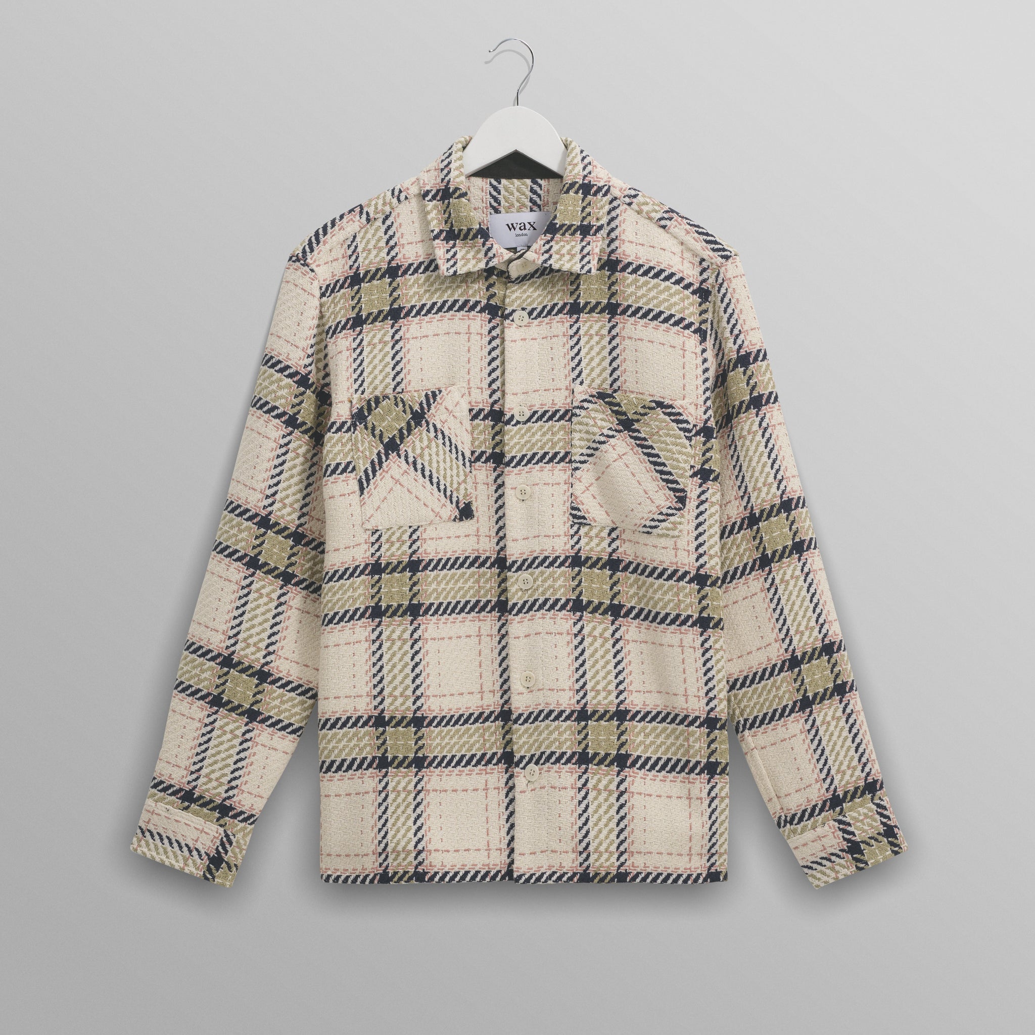 wax london men's Whiting - Ecru And Sage Harp Check Overshirt