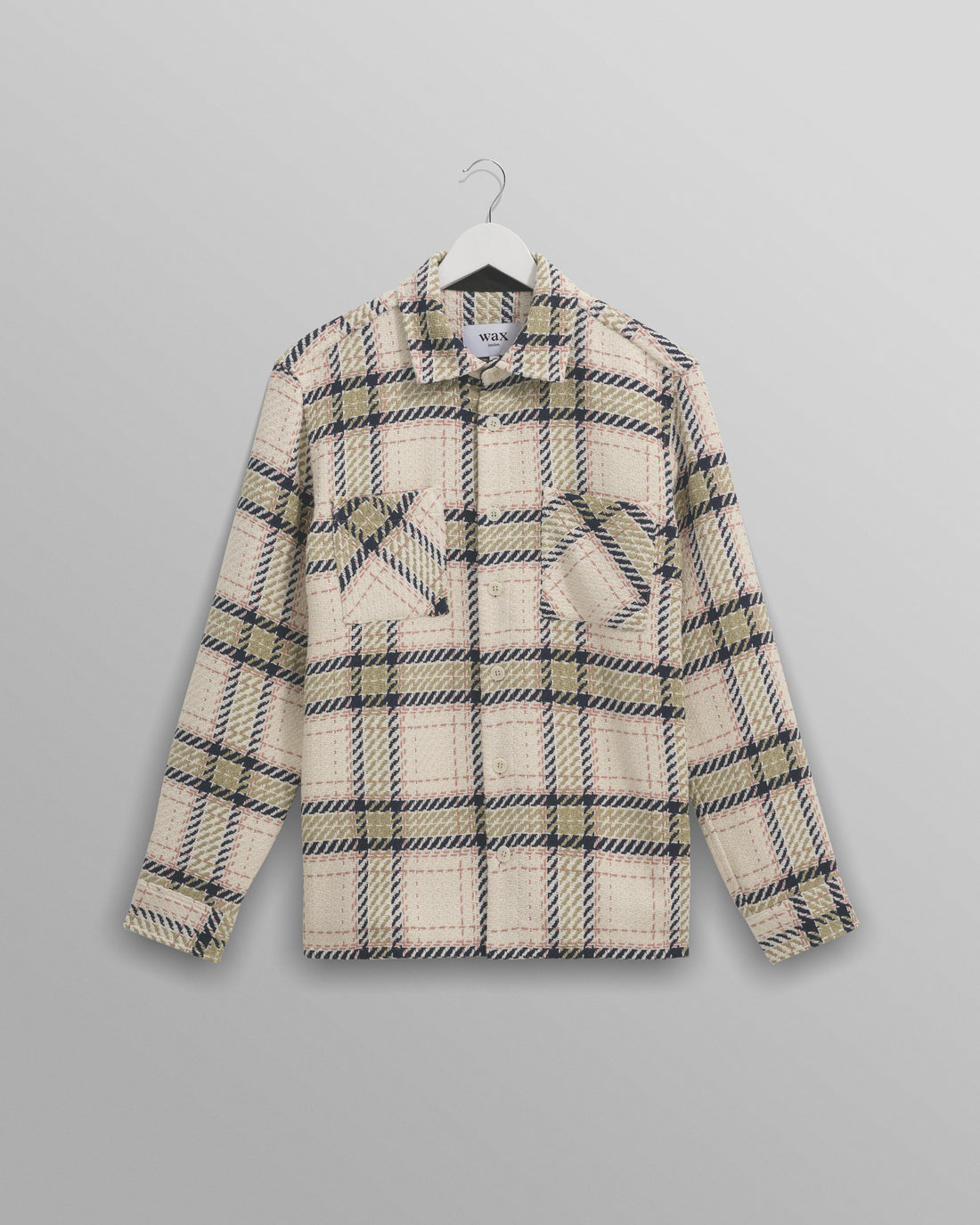 wax london men's Whiting - Ecru And Sage Harp Check Overshirt