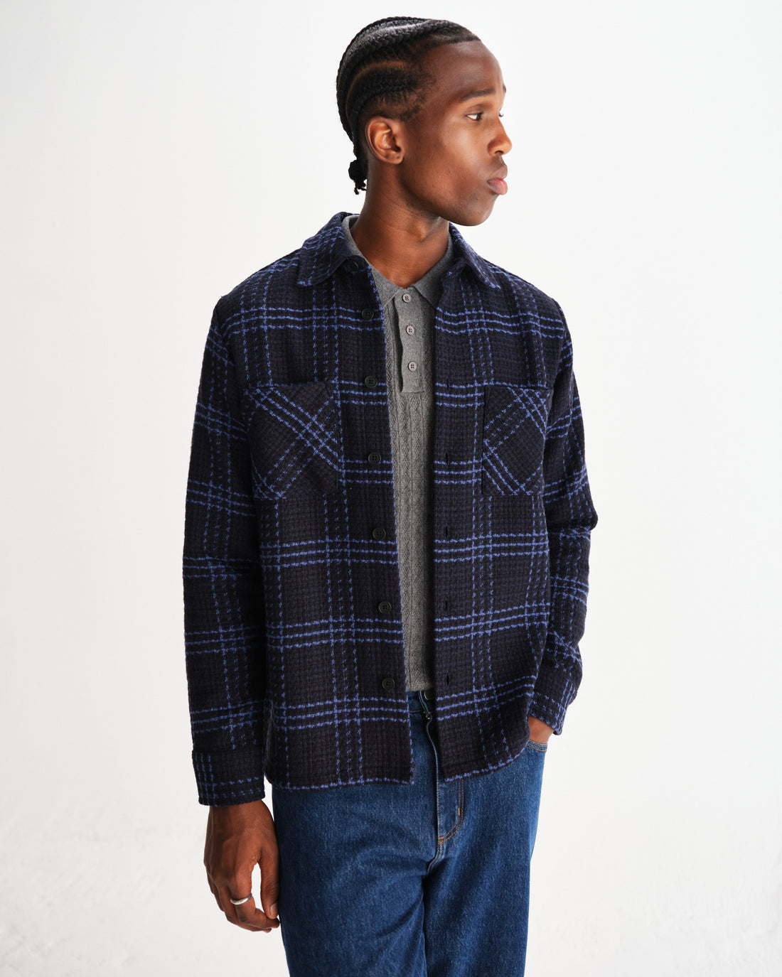 wax london men's Whiting - Navy And Blue Skate Check Overshirt