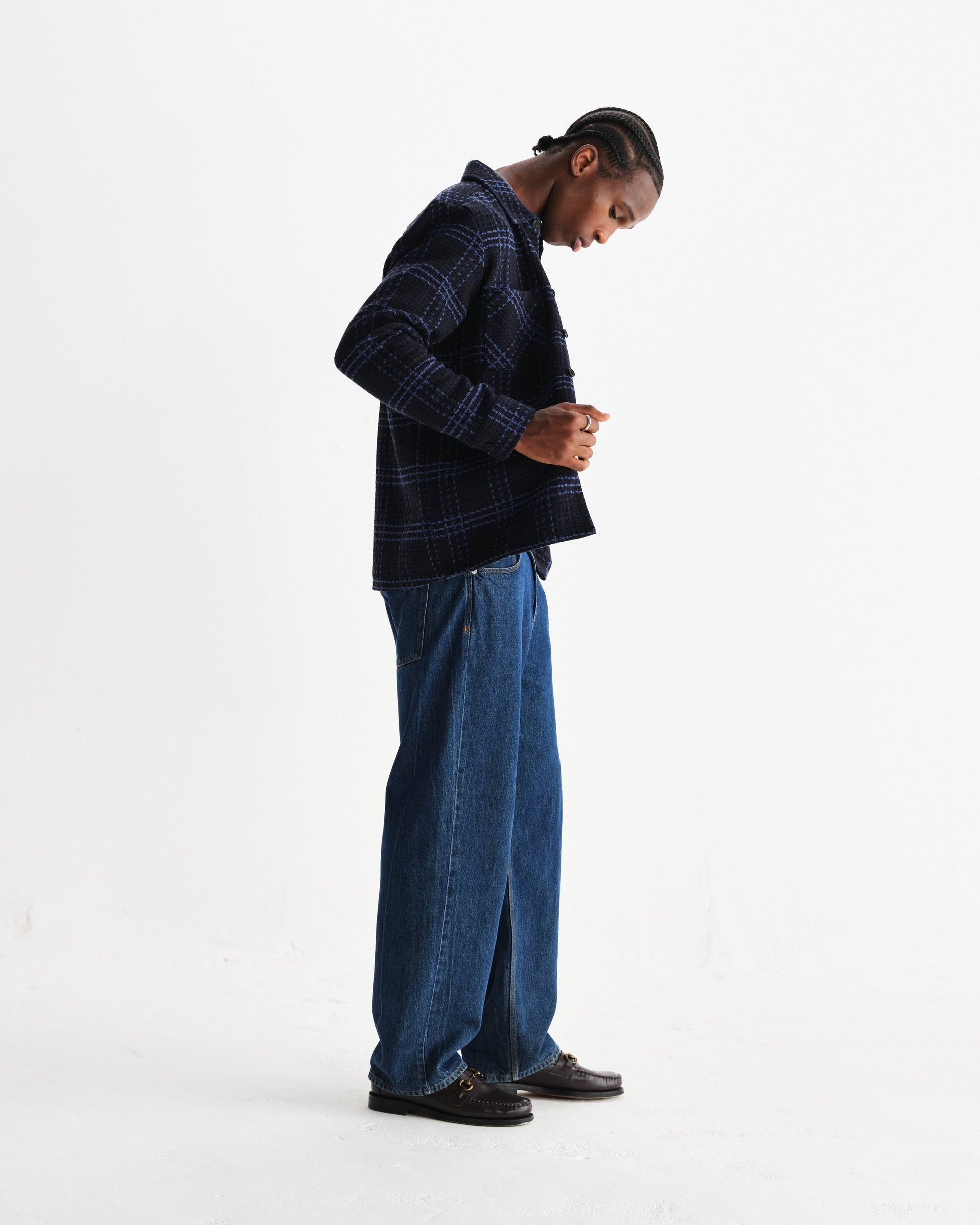 wax london men's Whiting - Navy And Blue Skate Check Overshirt