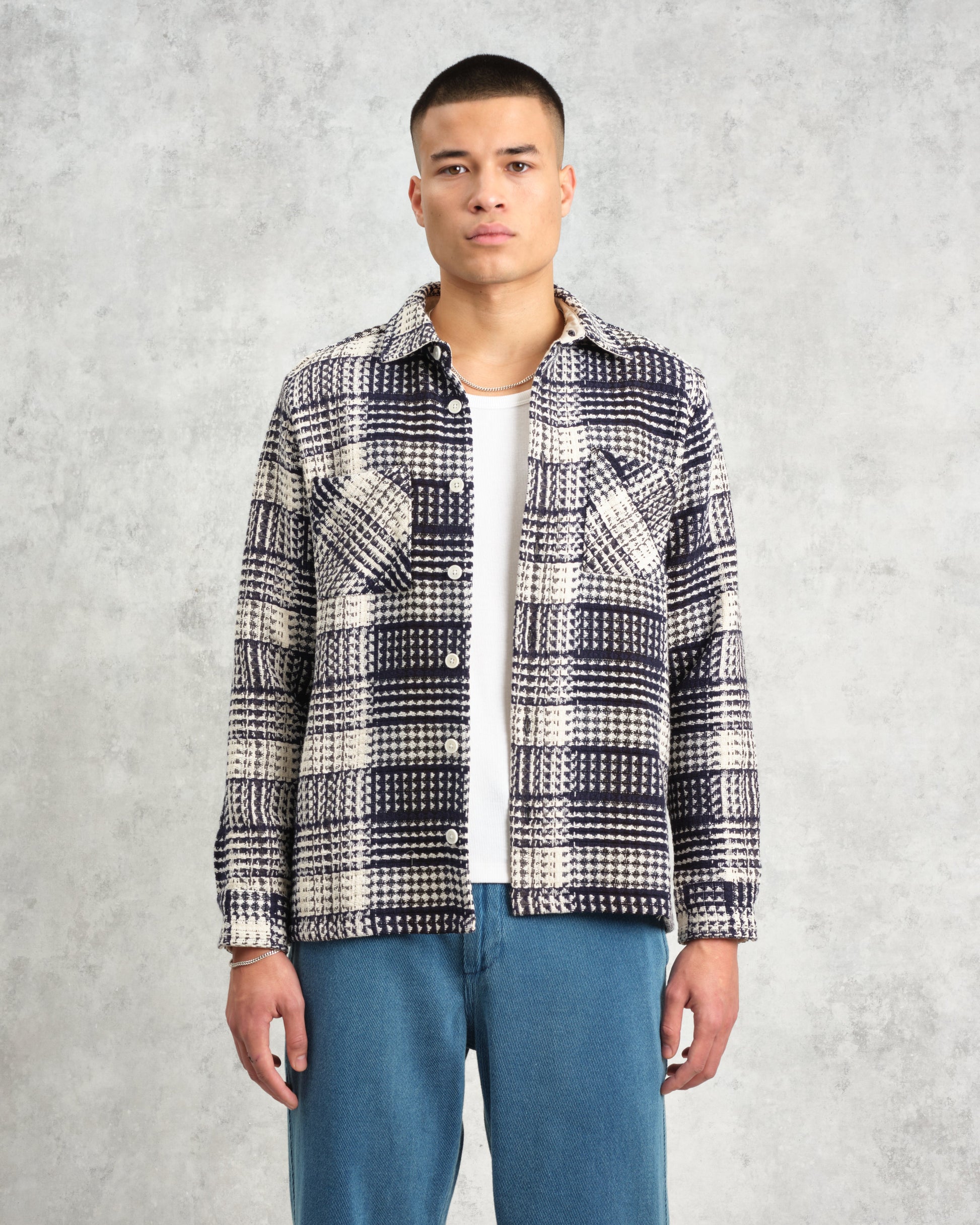 wax london men's Whiting - Navy And Ecru Addle Check Overshirt
