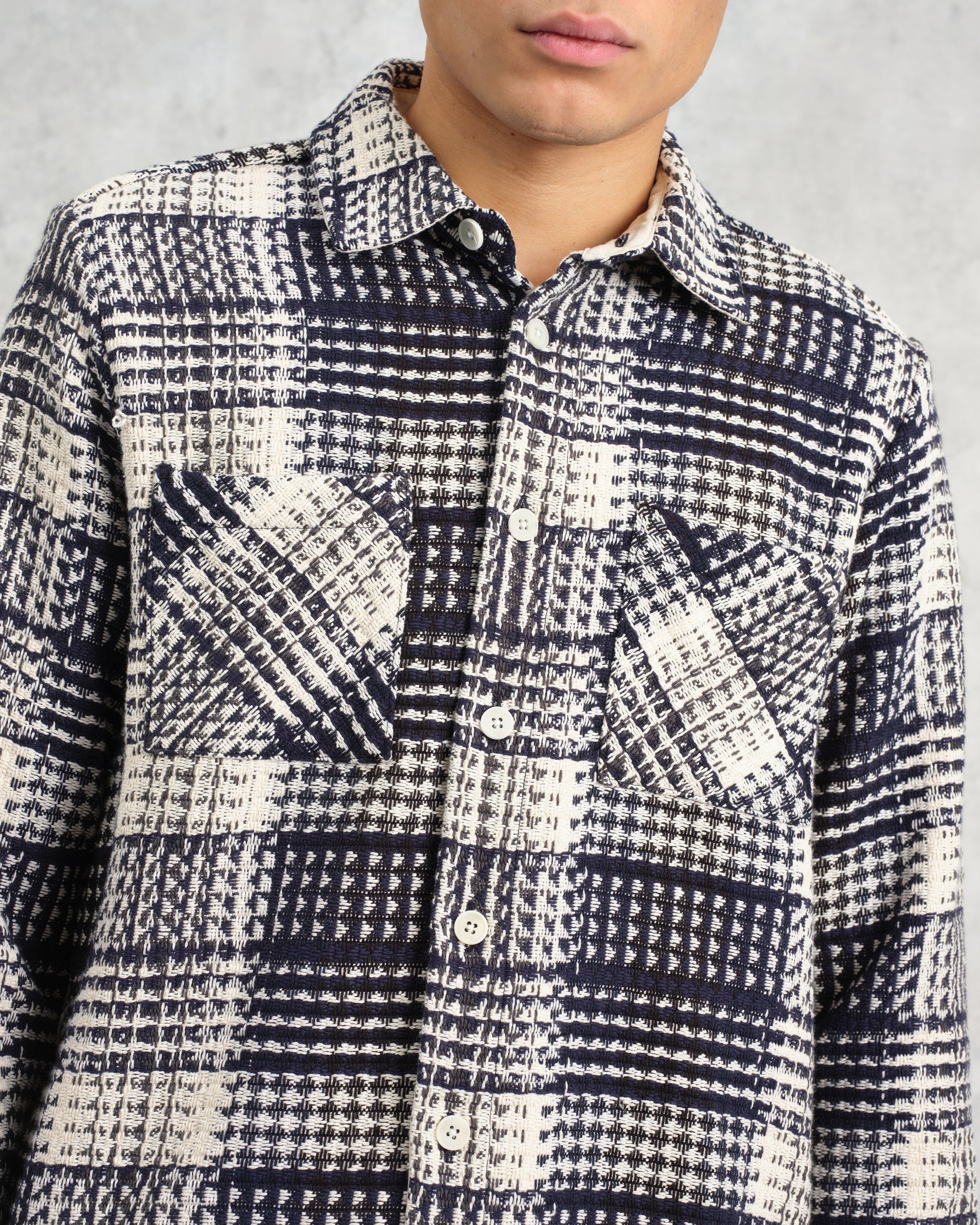 wax london men's Whiting - Navy And Ecru Addle Check Overshirt