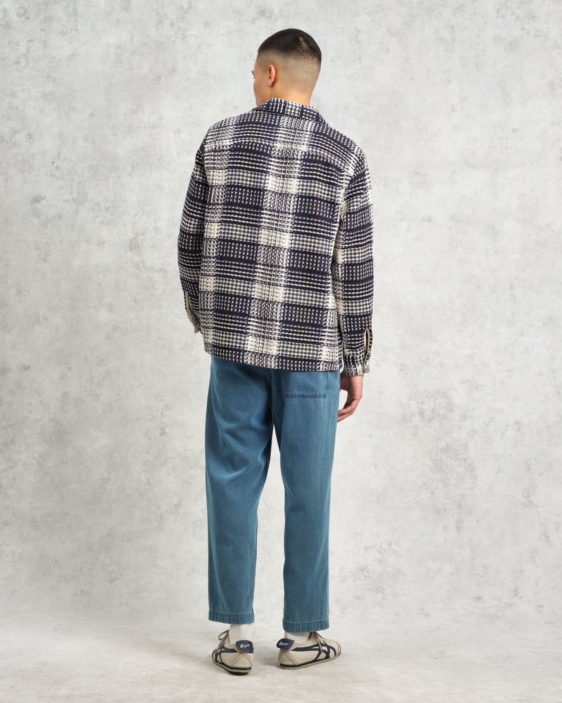 wax london men's Whiting - Navy And Ecru Addle Check Overshirt