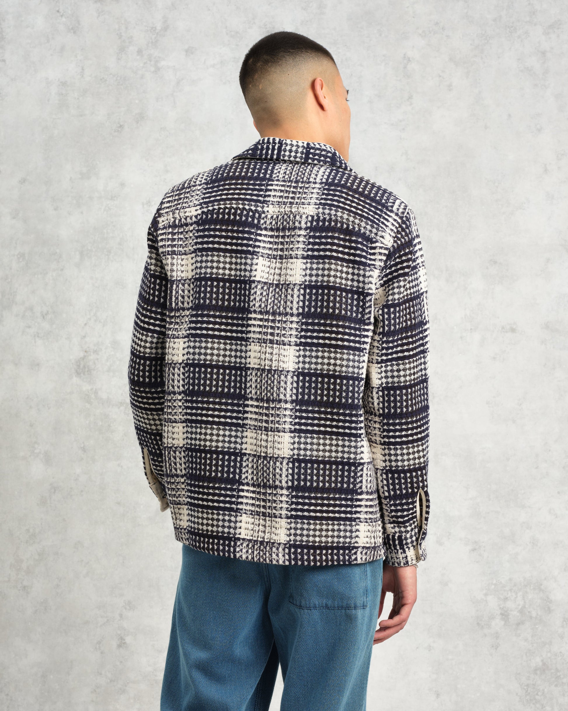 wax london men's Whiting - Navy And Ecru Addle Check Overshirt