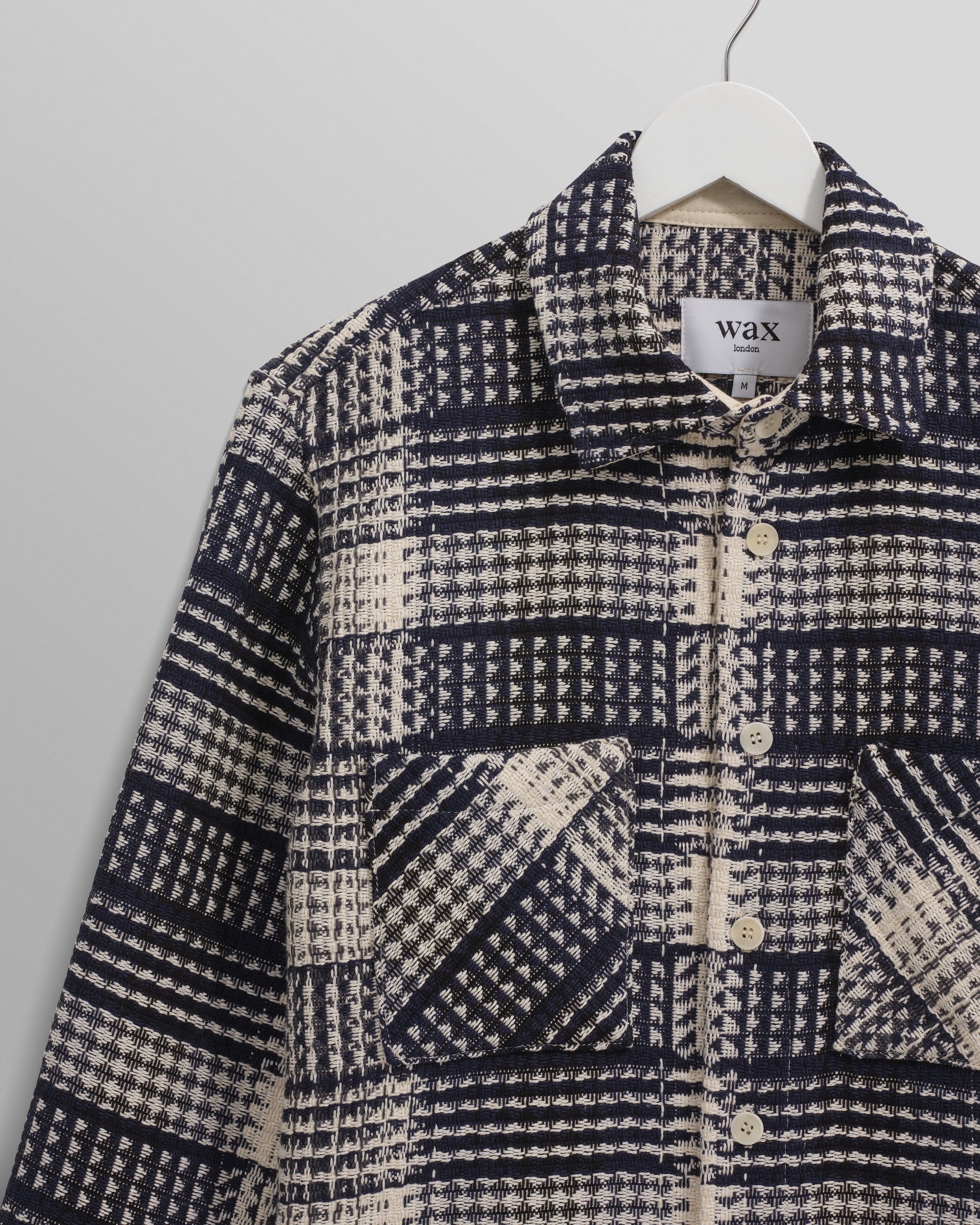 wax london men's Whiting - Navy And Ecru Addle Check Overshirt