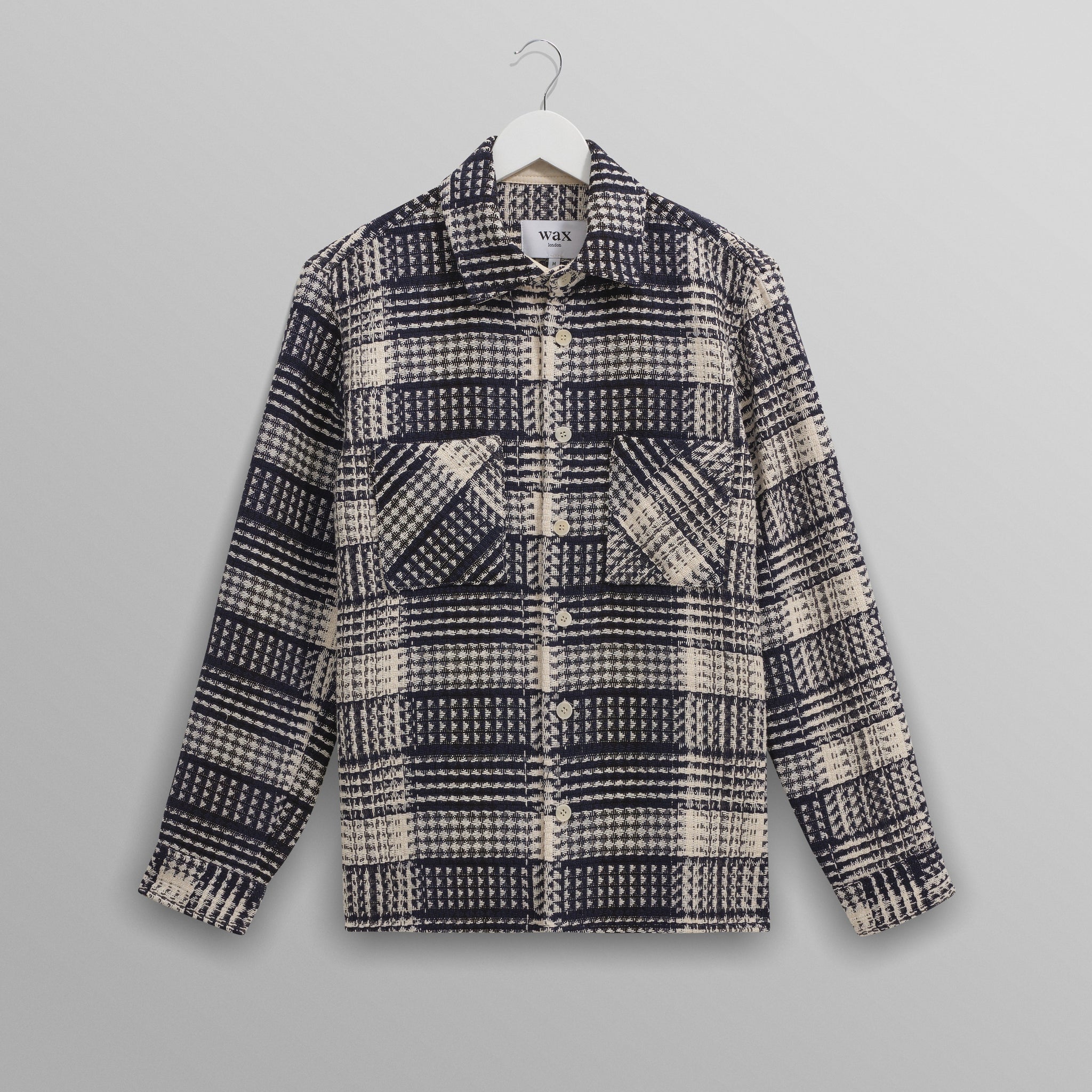 wax london men's Whiting - Navy And Ecru Addle Check Overshirt