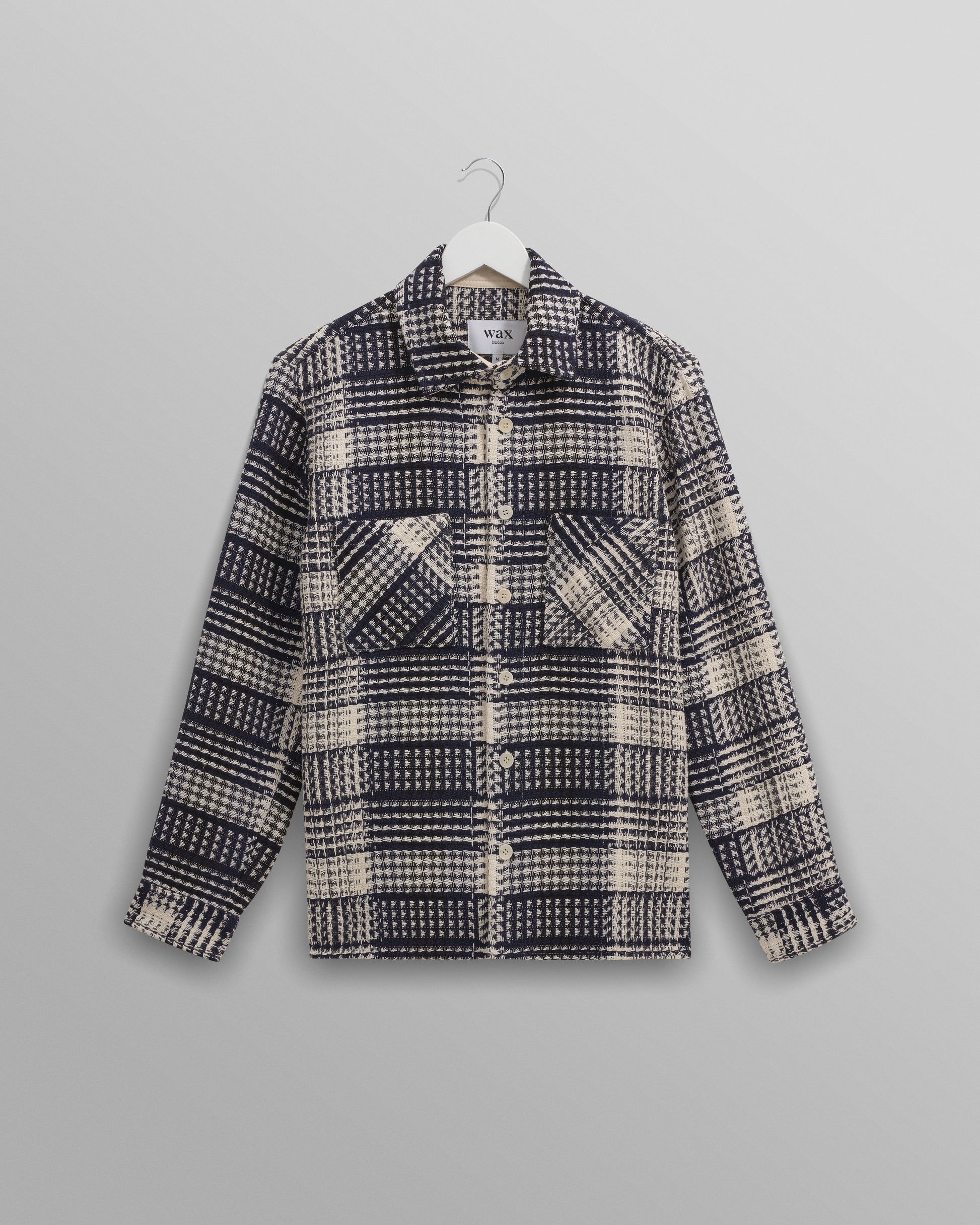 wax london men's Whiting - Navy And Ecru Addle Check Overshirt