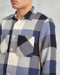 wax london men's Whiting - Navy And Ecru Block Check Overshirt