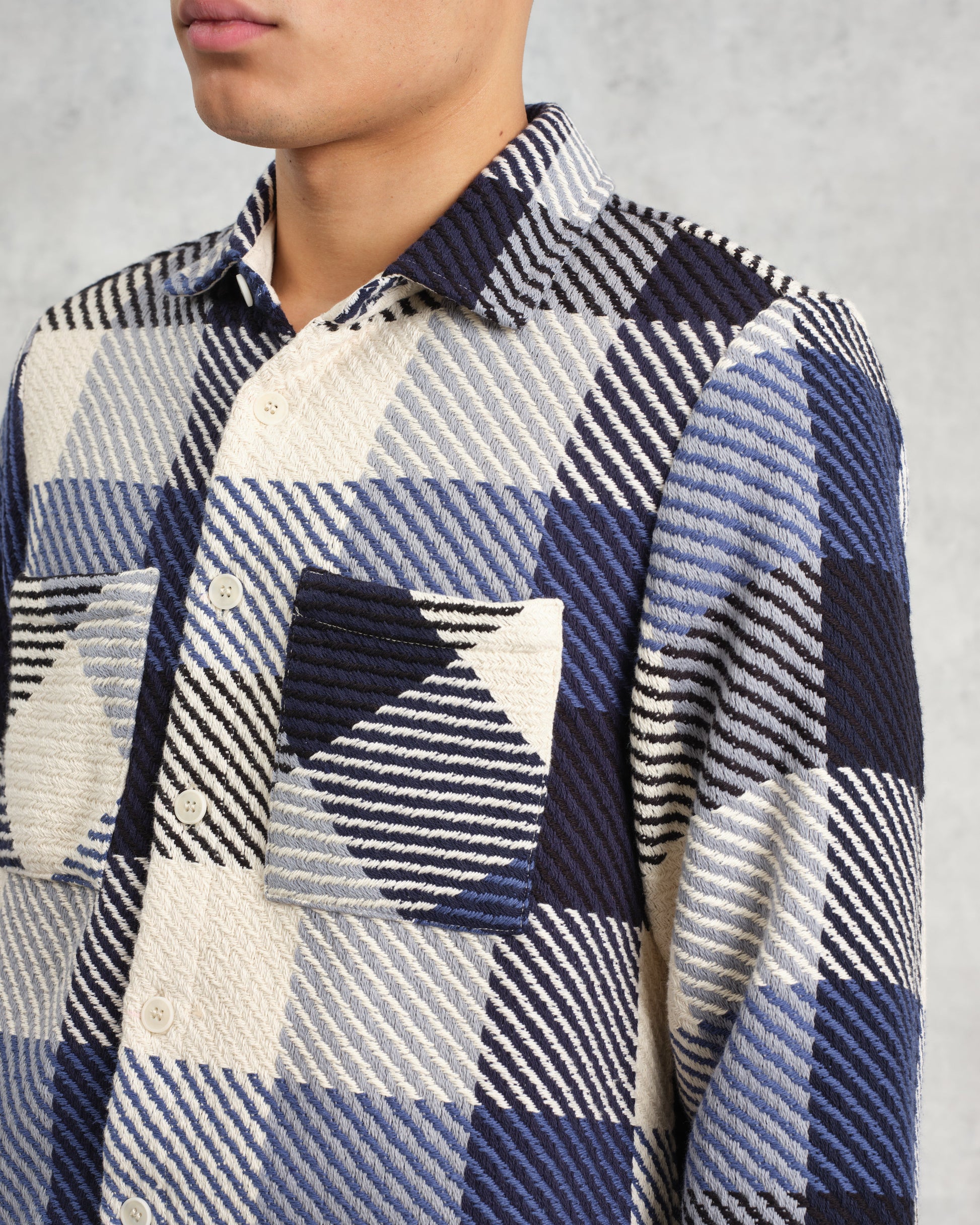 wax london men's Whiting - Navy And Ecru Block Check Overshirt