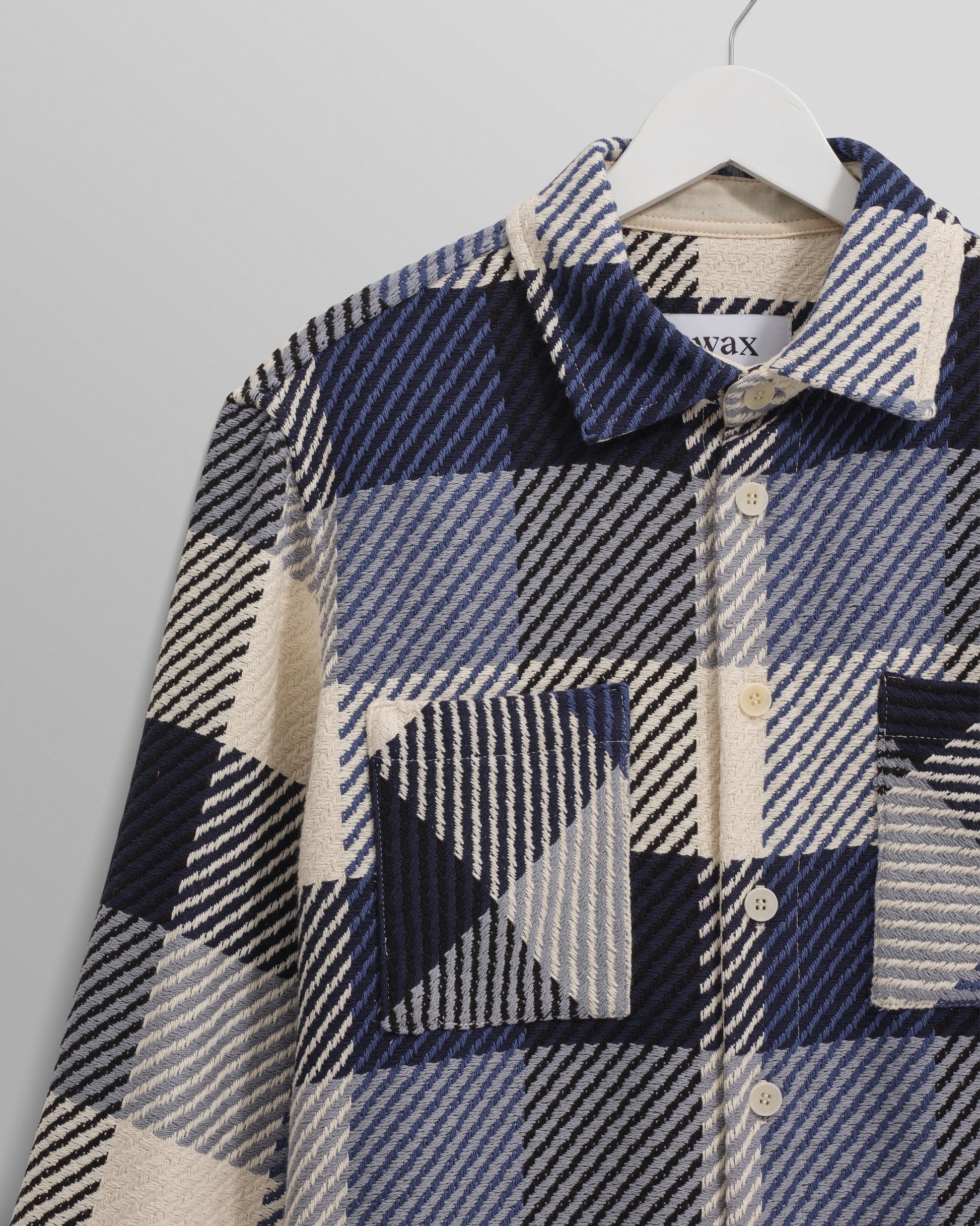 wax london men's Whiting - Navy And Ecru Block Check Overshirt