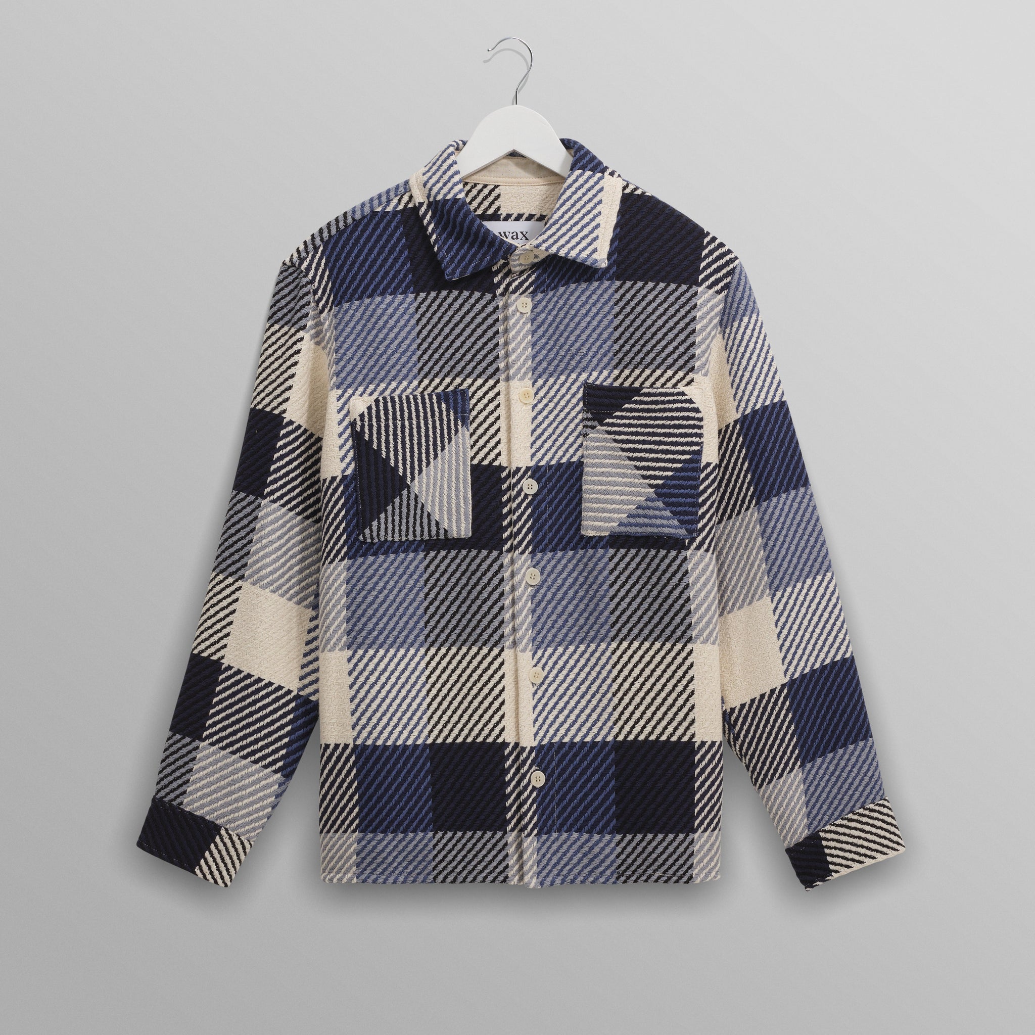 wax london men's Whiting - Navy And Ecru Block Check Overshirt