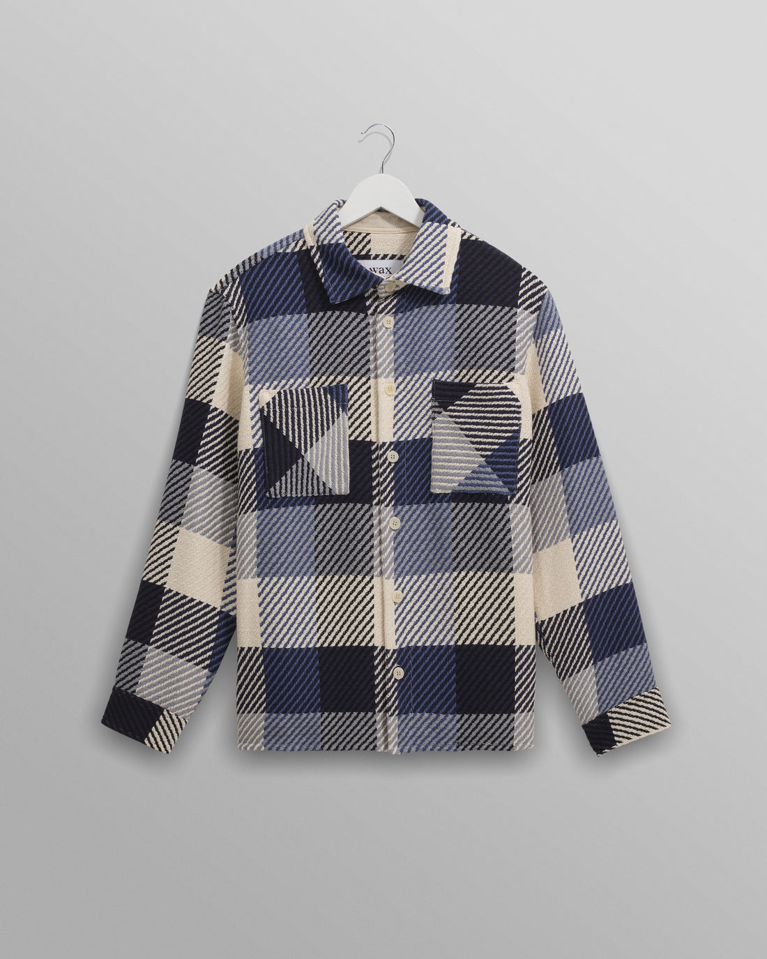 wax london men's Whiting - Navy And Ecru Block Check Overshirt