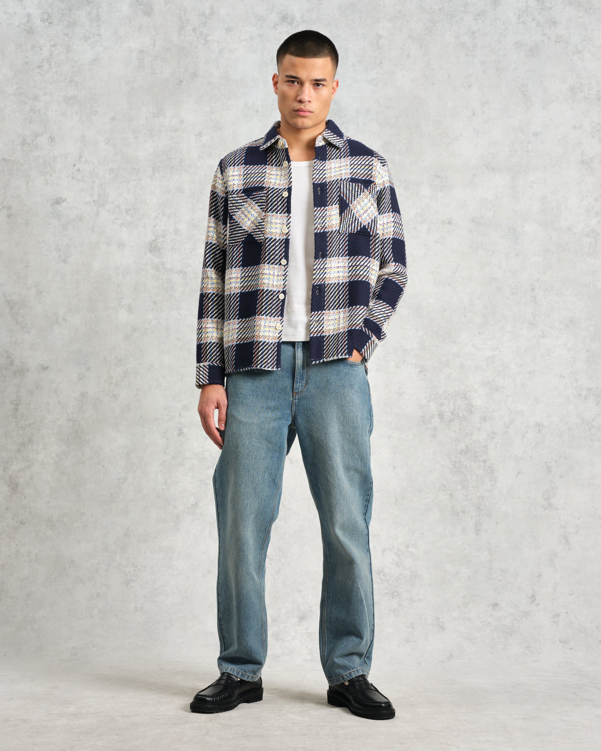 wax london men's Whiting - Navy And Multicolour Hutton Check Overshirt