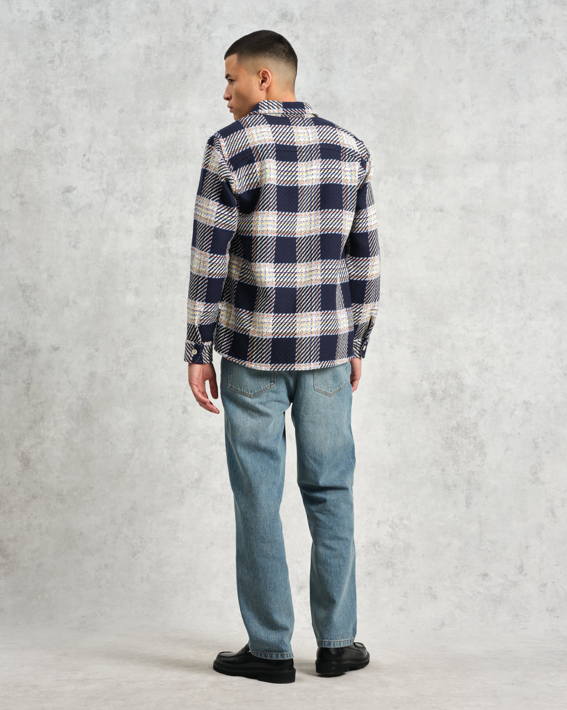 wax london men's Whiting - Navy And Multicolour Hutton Check Overshirt