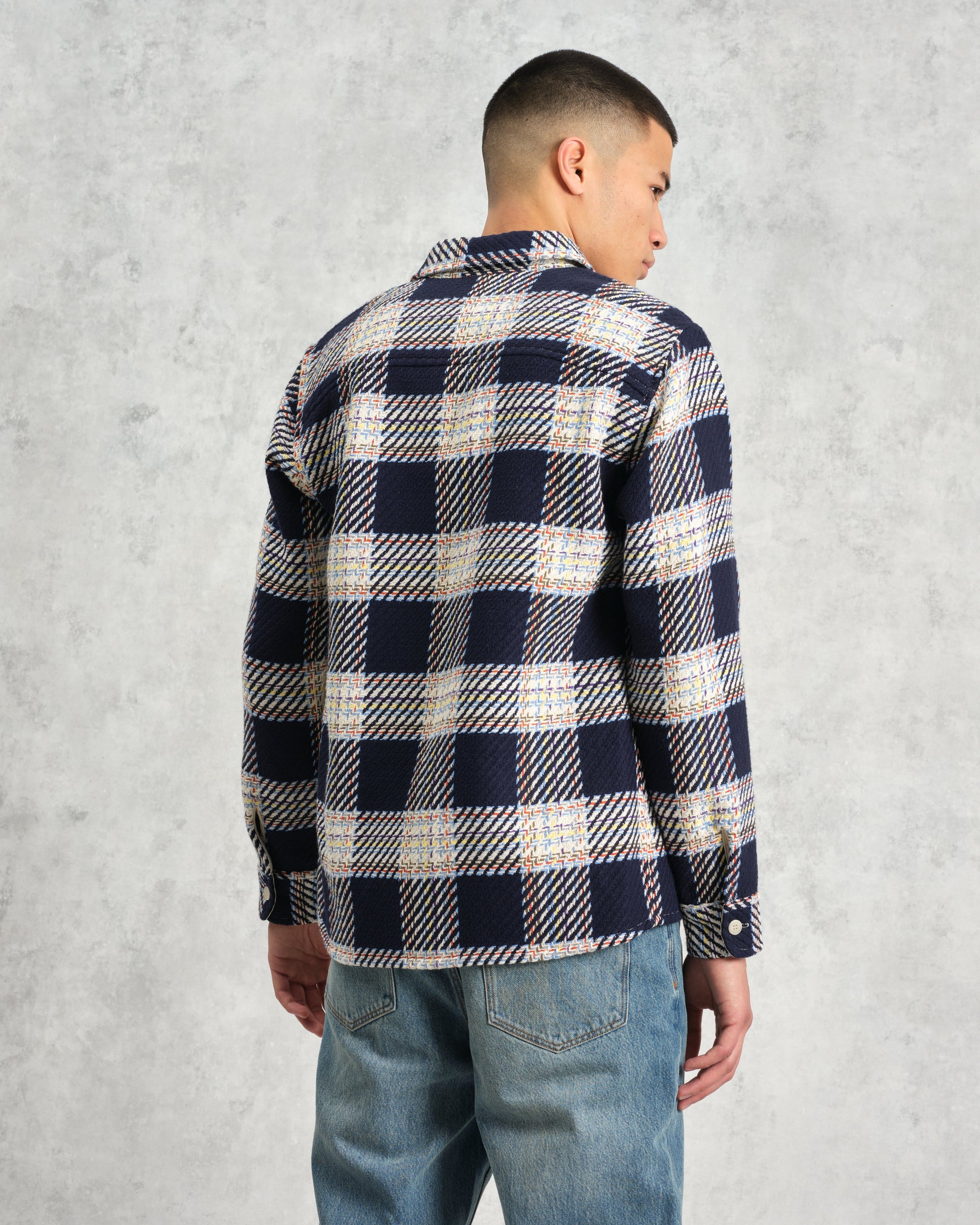 wax london men's Whiting - Navy And Multicolour Hutton Check Overshirt